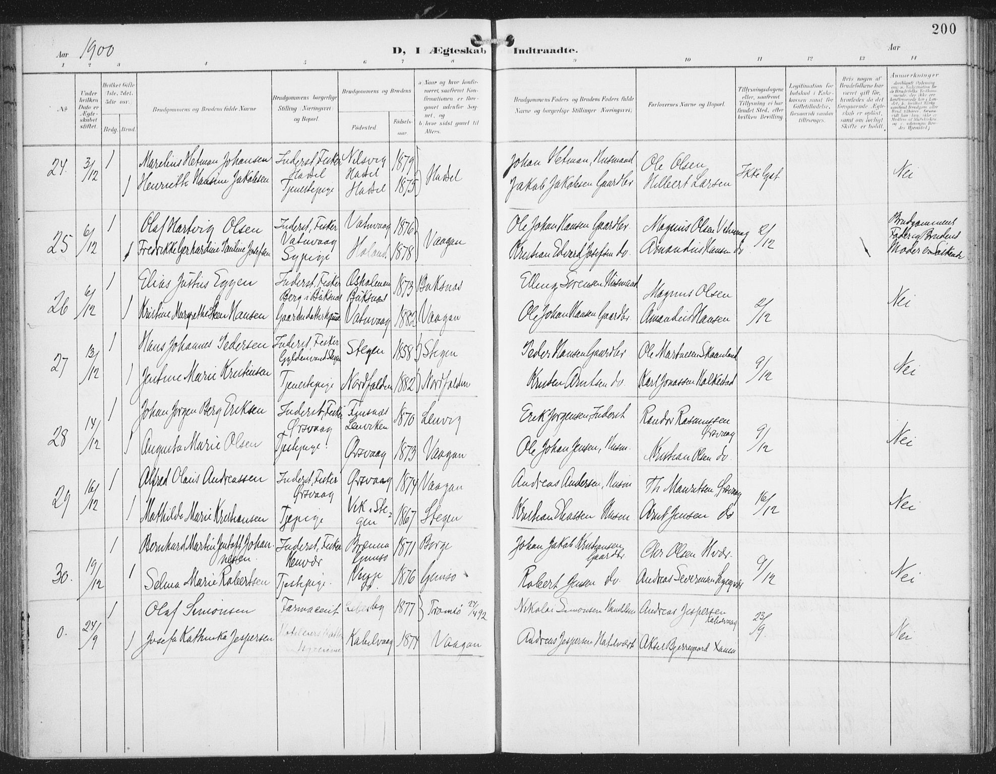 Ministerialprotokoller, klokkerbøker og fødselsregistre - Nordland, AV/SAT-A-1459/874/L1062: Parish register (official) no. 874A06, 1899-1907, p. 200