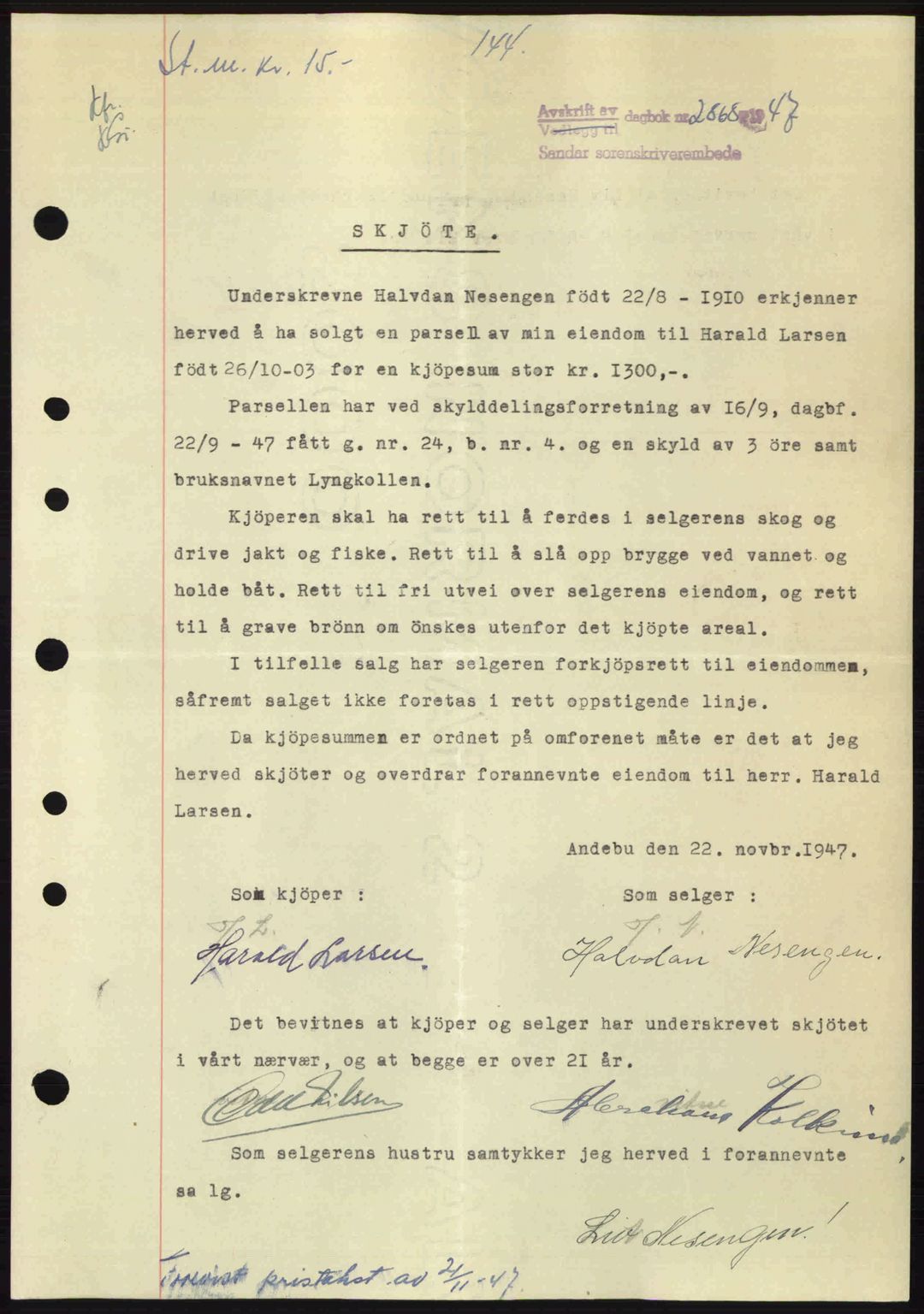 Jarlsberg sorenskriveri, SAKO/A-131/G/Ga/Gaa/L0023: Mortgage book no. A-23, 1947-1947, Diary no: : 2868/1947