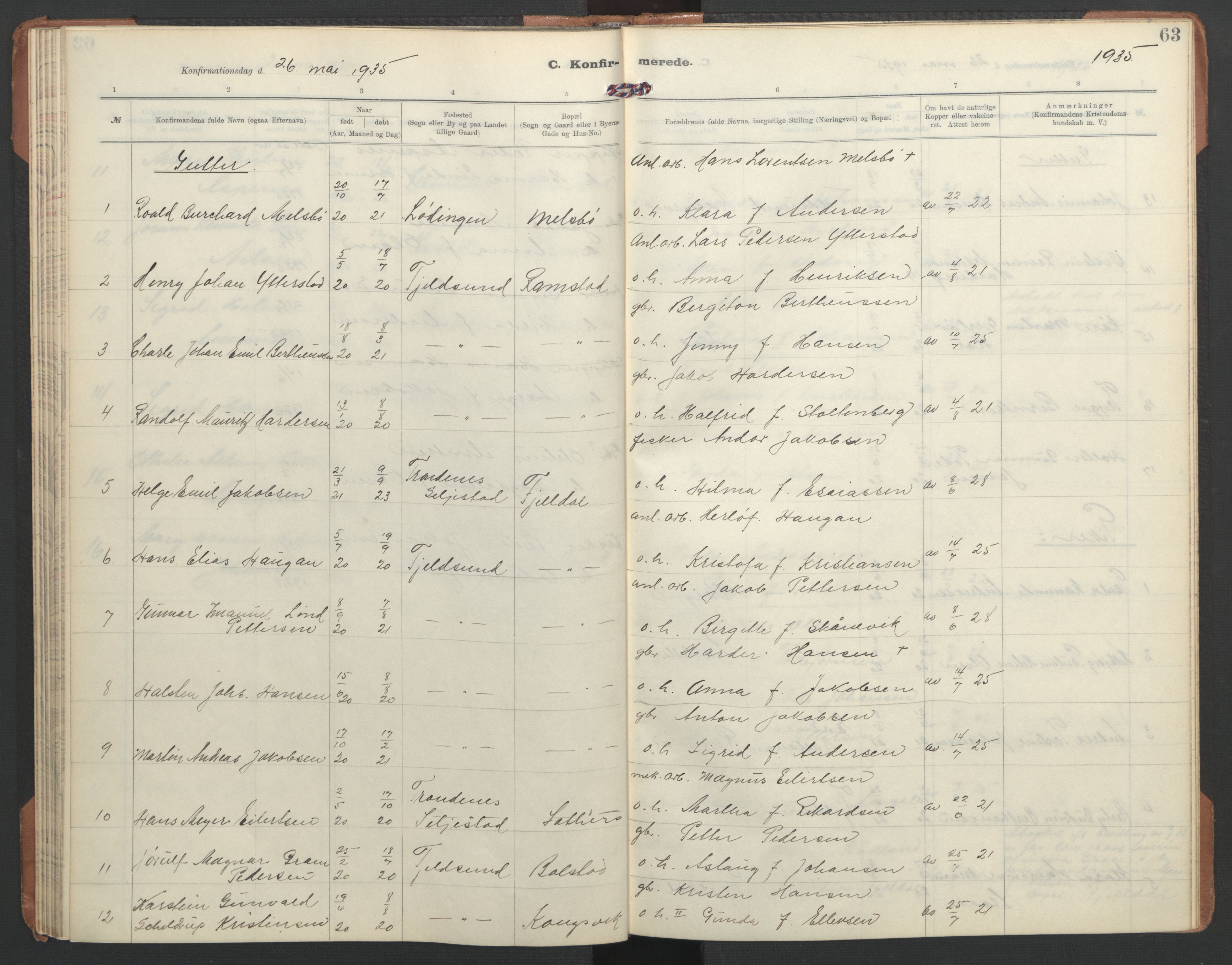 Ministerialprotokoller, klokkerbøker og fødselsregistre - Nordland, AV/SAT-A-1459/865/L0934: Parish register (copy) no. 865C06, 1911-1942, p. 63