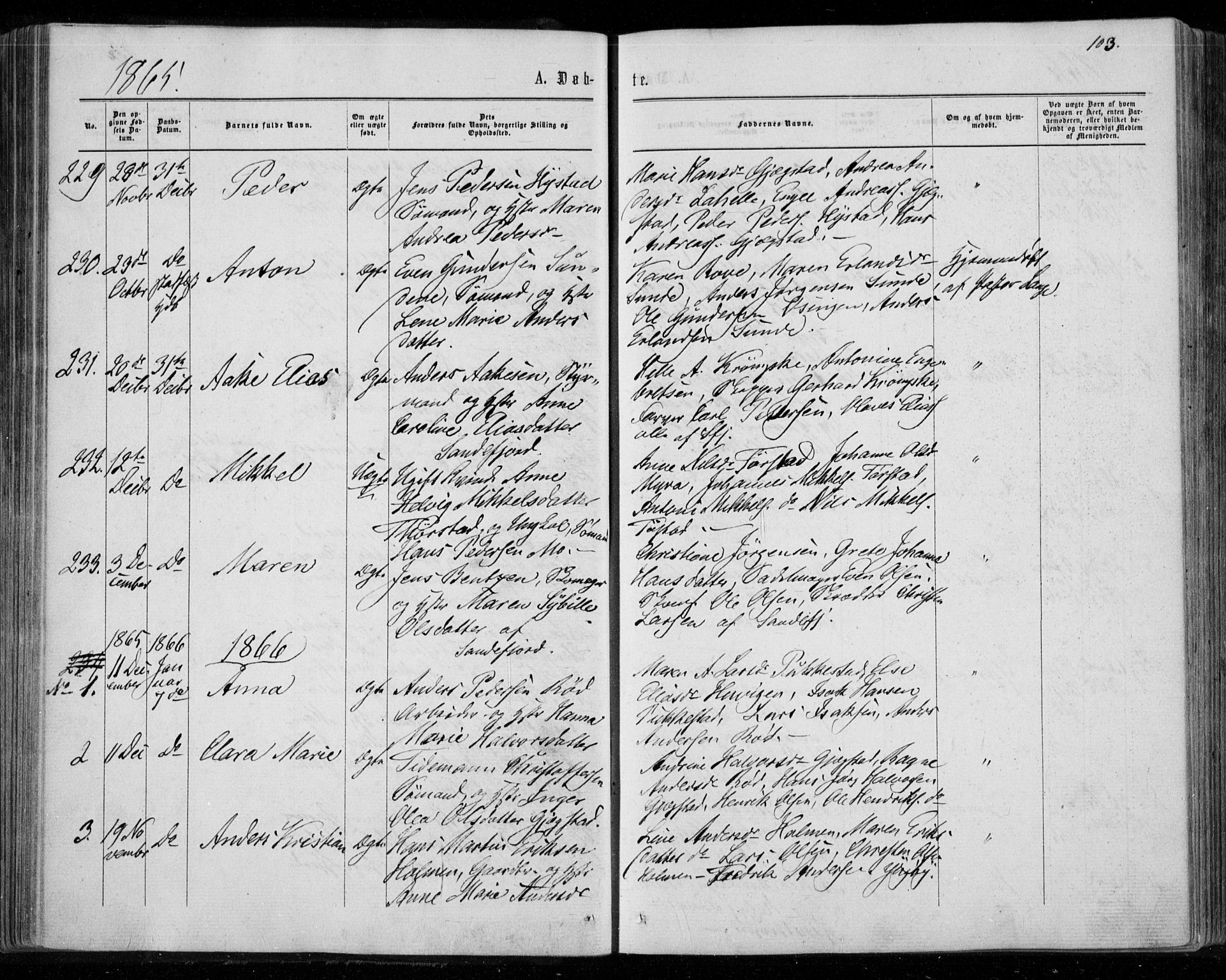 Sandar kirkebøker, SAKO/A-243/F/Fa/L0008: Parish register (official) no. 8, 1862-1871, p. 103