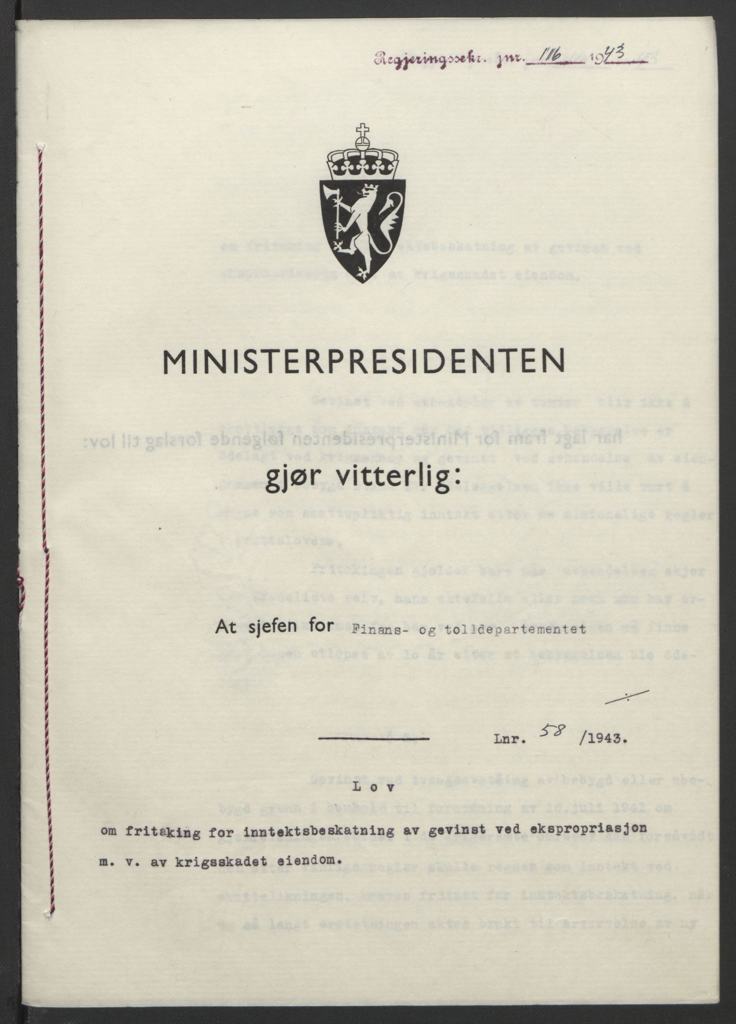 NS-administrasjonen 1940-1945 (Statsrådsekretariatet, de kommisariske statsråder mm), RA/S-4279/D/Db/L0099: Lover, 1943, p. 259