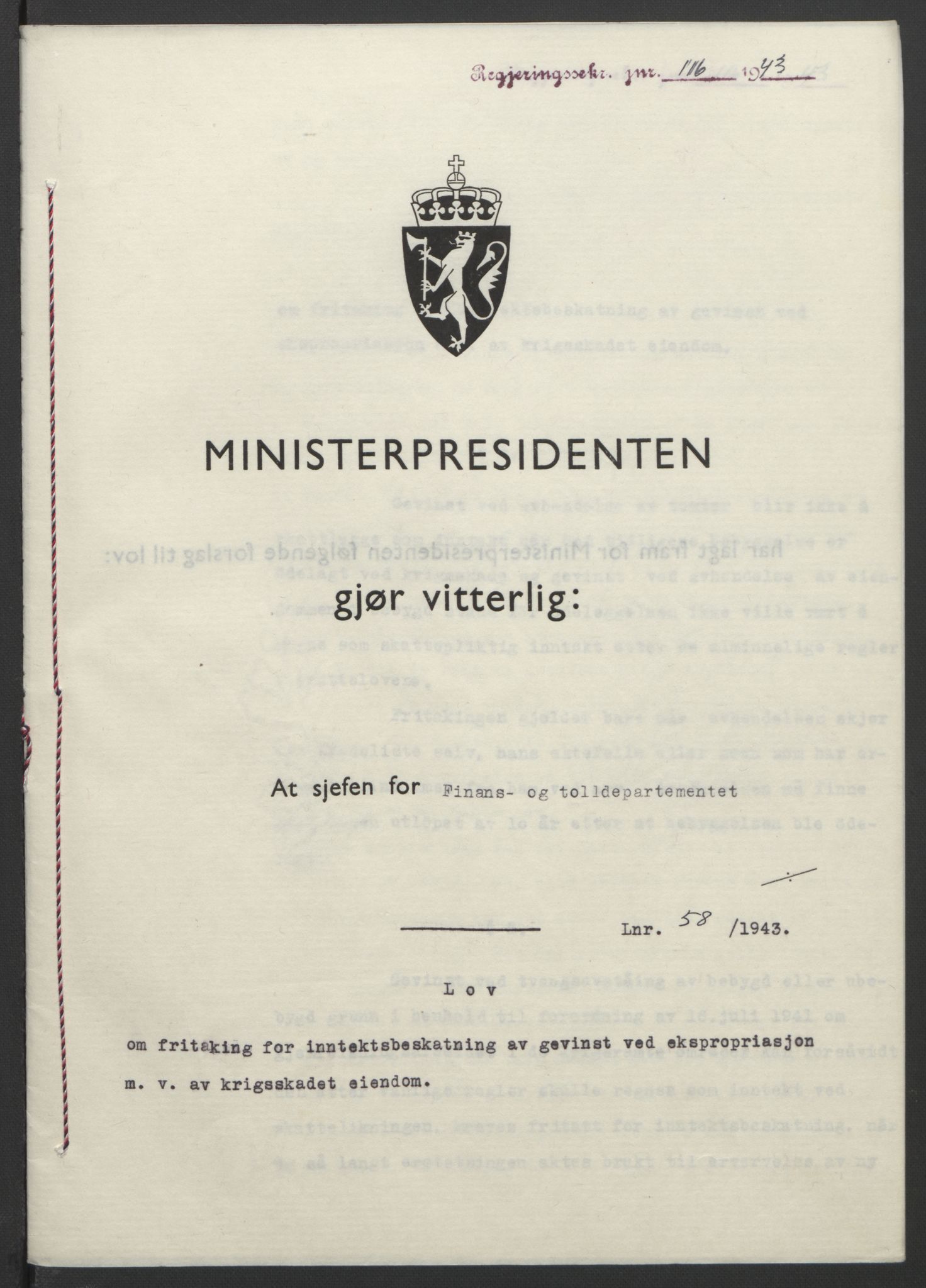 NS-administrasjonen 1940-1945 (Statsrådsekretariatet, de kommisariske statsråder mm), AV/RA-S-4279/D/Db/L0099: Lover, 1943, p. 259