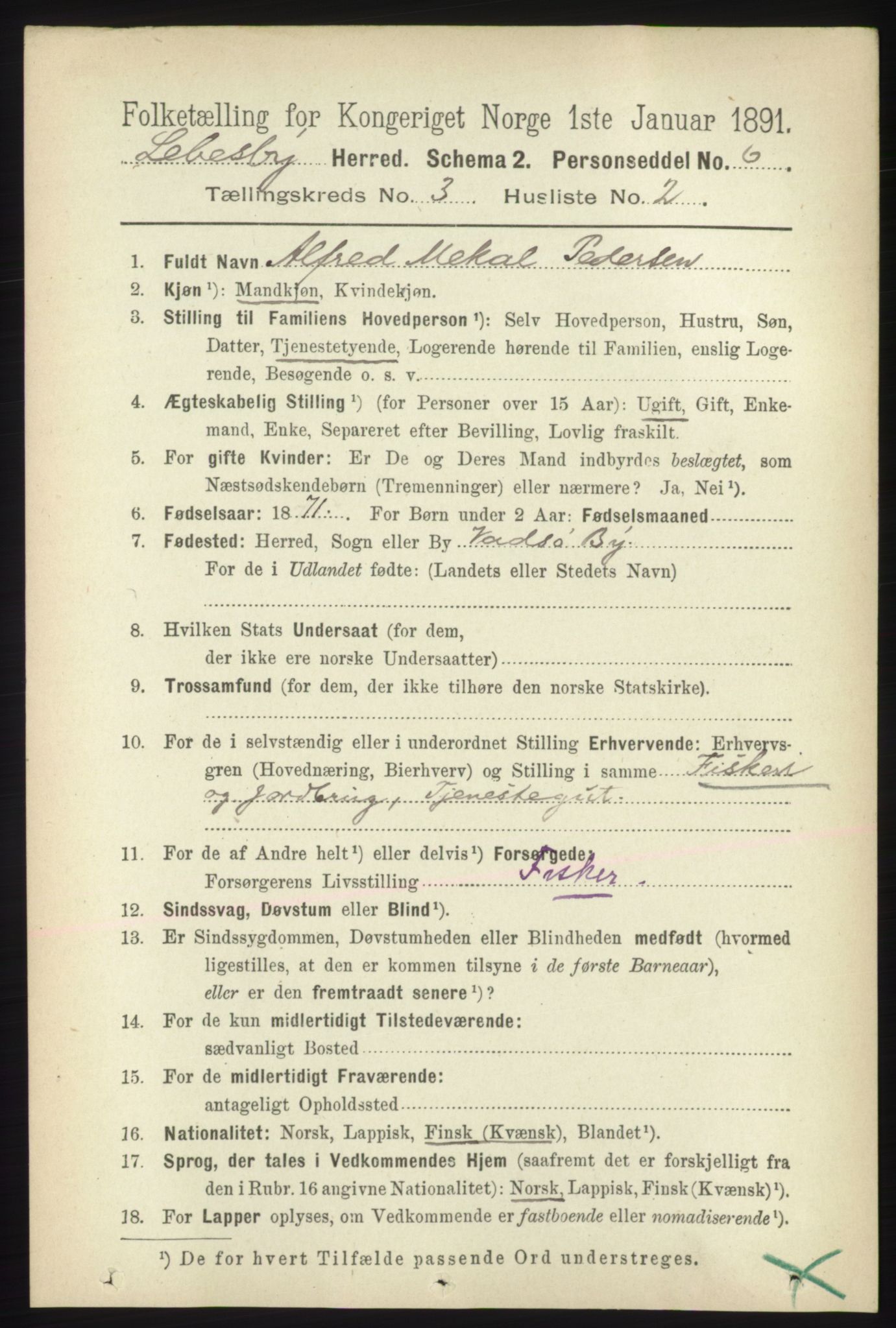 RA, 1891 census for 2022 Lebesby, 1891, p. 737