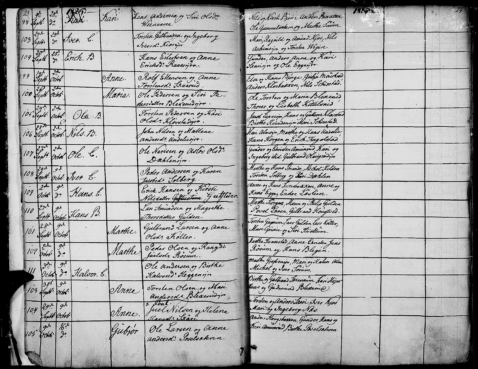 Gran prestekontor, AV/SAH-PREST-112/H/Ha/Haa/L0010: Parish register (official) no. 10, 1824-1842, p. 23-24