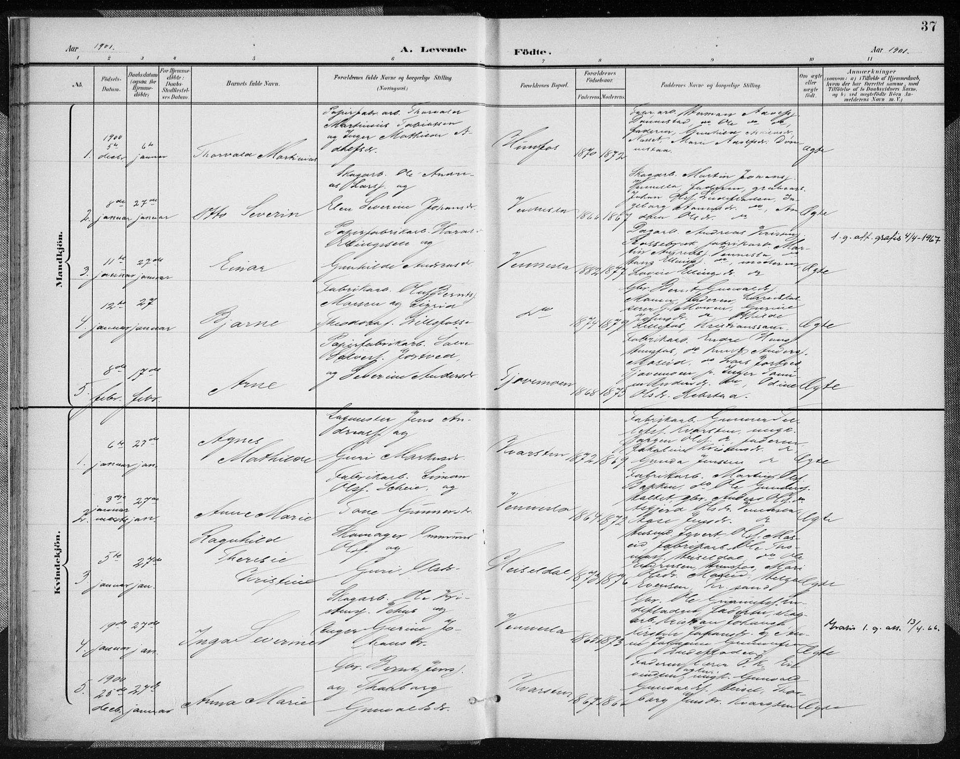 Vennesla sokneprestkontor, AV/SAK-1111-0045/Fa/Fab/L0005: Parish register (official) no. A 5, 1897-1909, p. 37