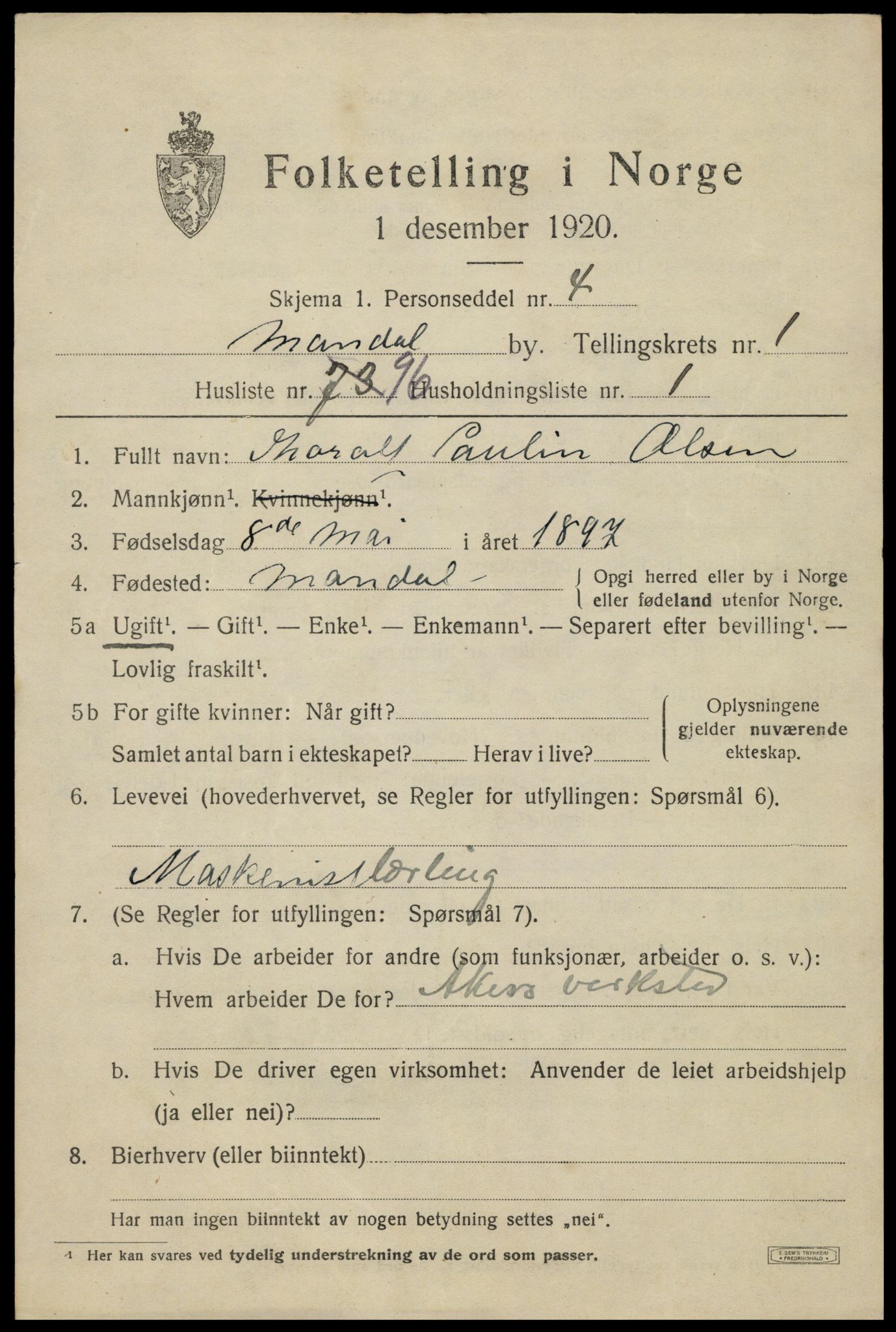 SAK, 1920 census for Mandal, 1920, p. 4201