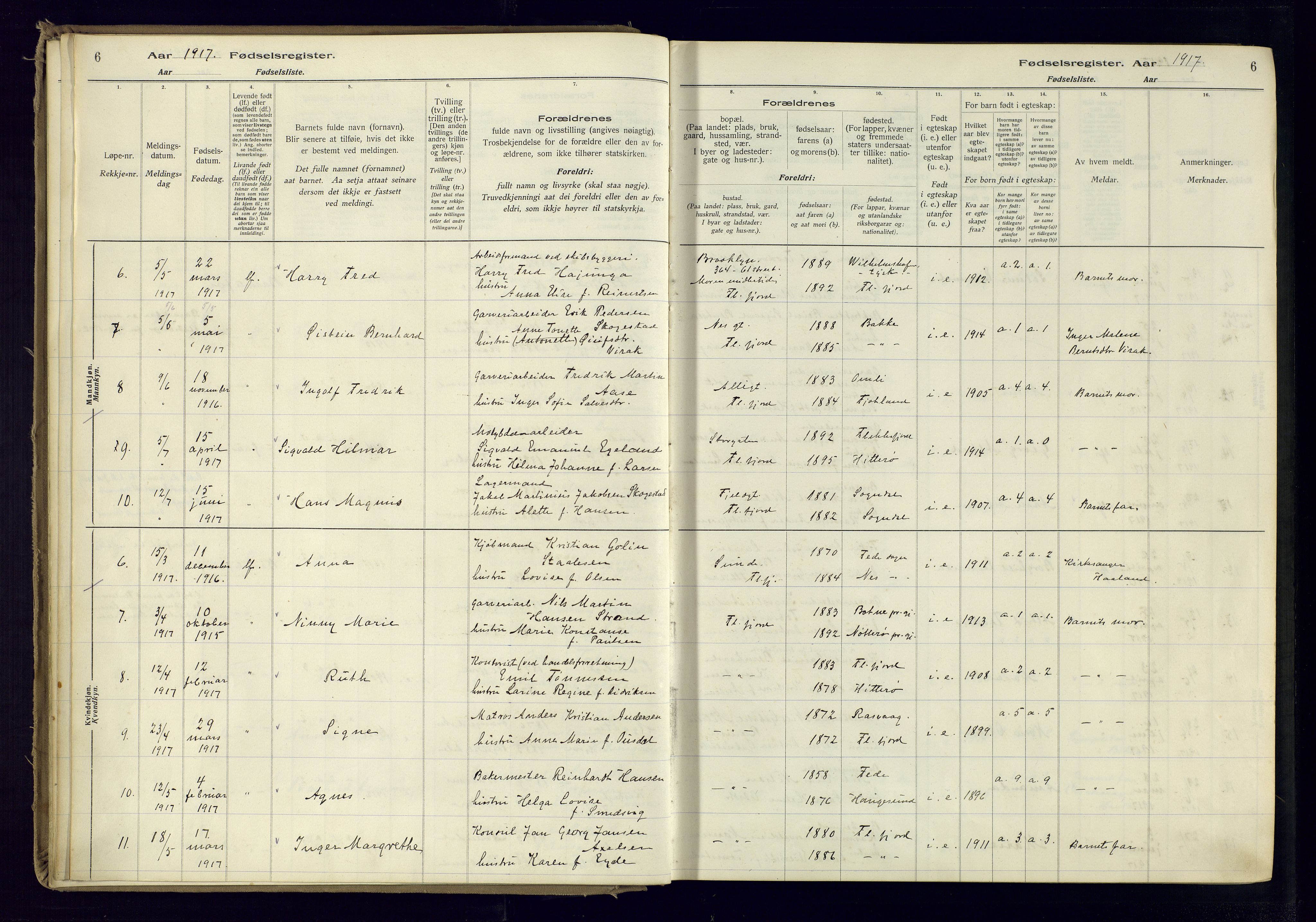 Flekkefjord sokneprestkontor, AV/SAK-1111-0012/J/Ja/L0001: Birth register no. 1, 1916-1948, p. 6