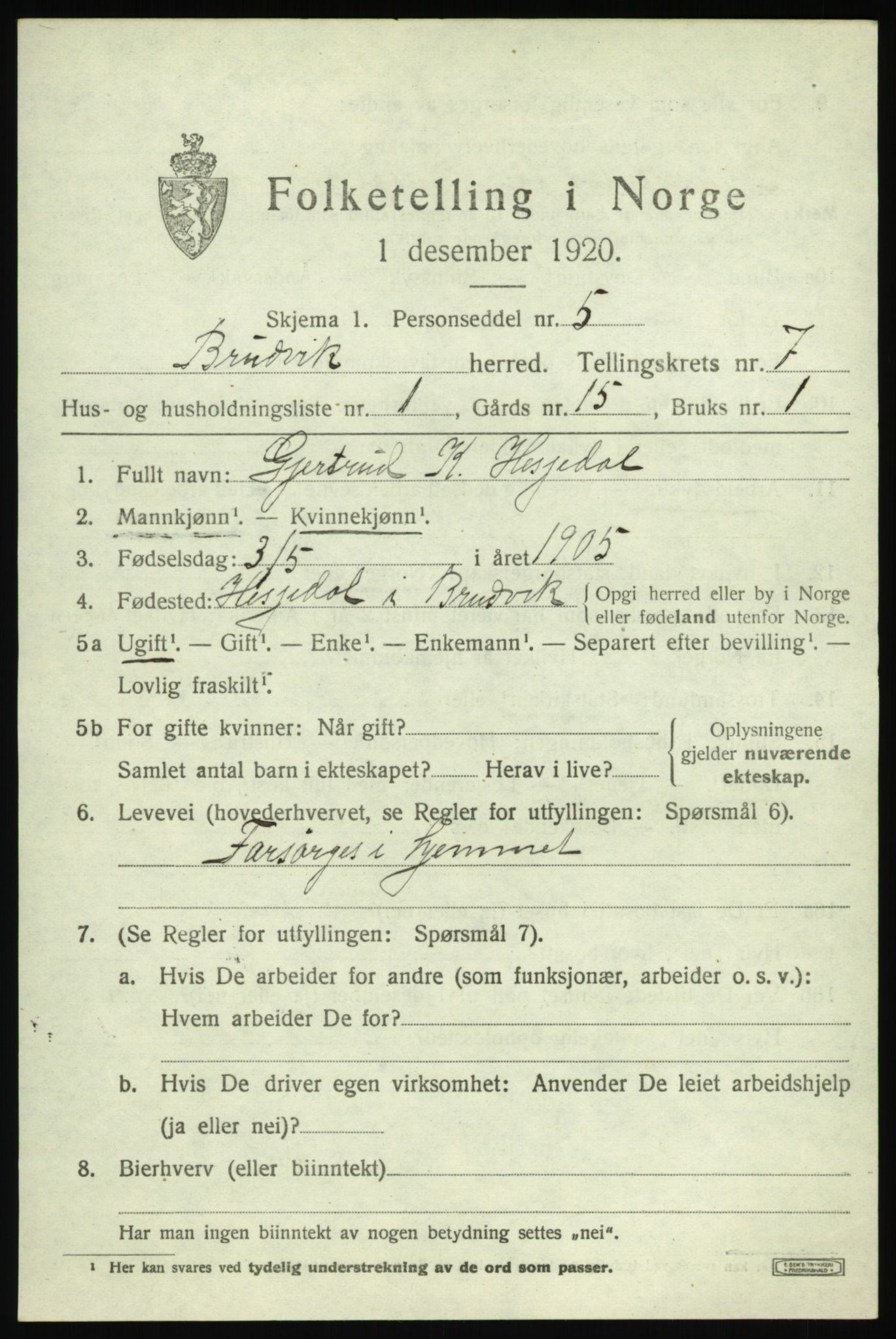 SAB, 1920 census for Bruvik, 1920, p. 4898