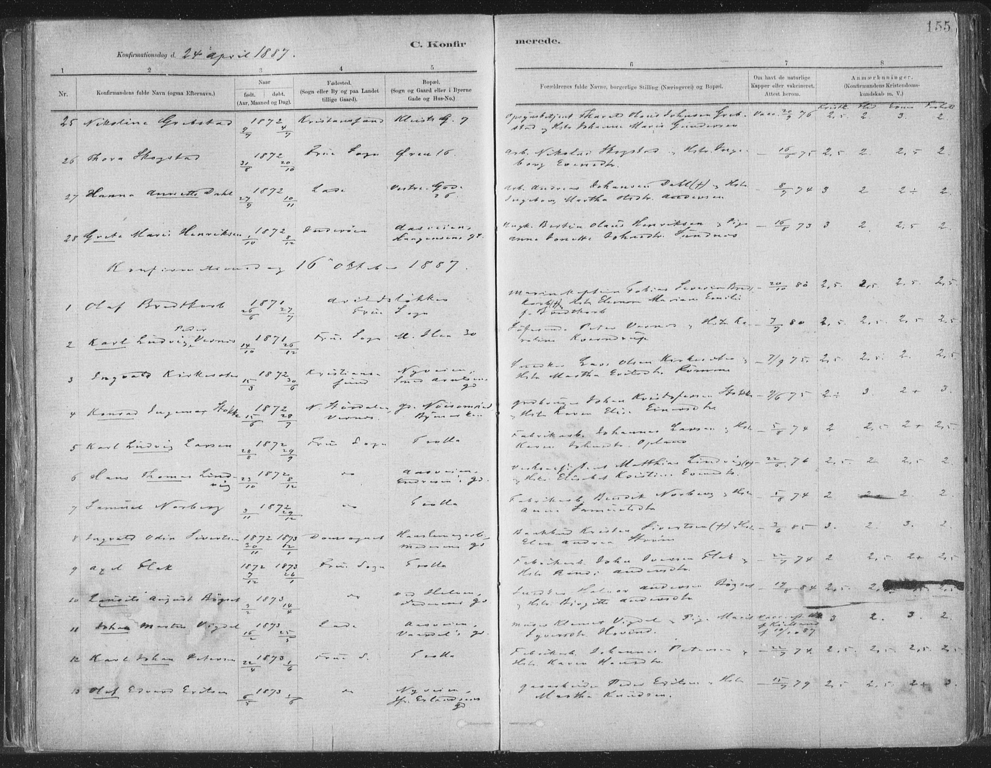 Ministerialprotokoller, klokkerbøker og fødselsregistre - Sør-Trøndelag, AV/SAT-A-1456/603/L0162: Parish register (official) no. 603A01, 1879-1895, p. 155