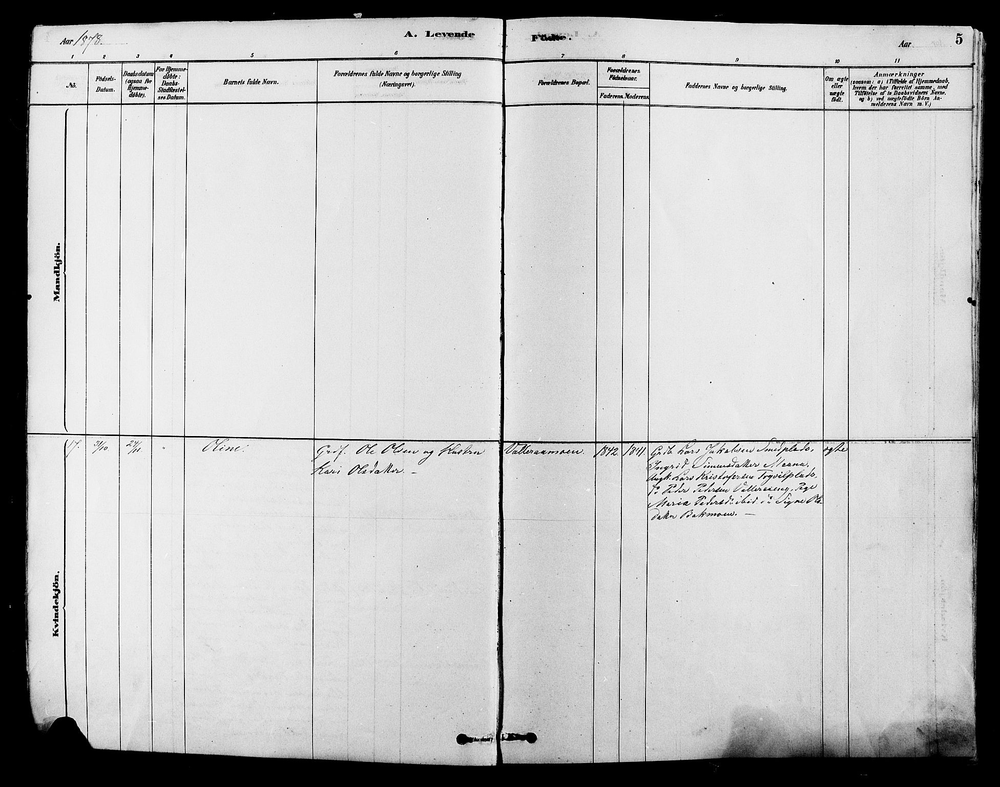 Alvdal prestekontor, SAH/PREST-060/H/Ha/Hab/L0003: Parish register (copy) no. 3, 1878-1907, p. 5