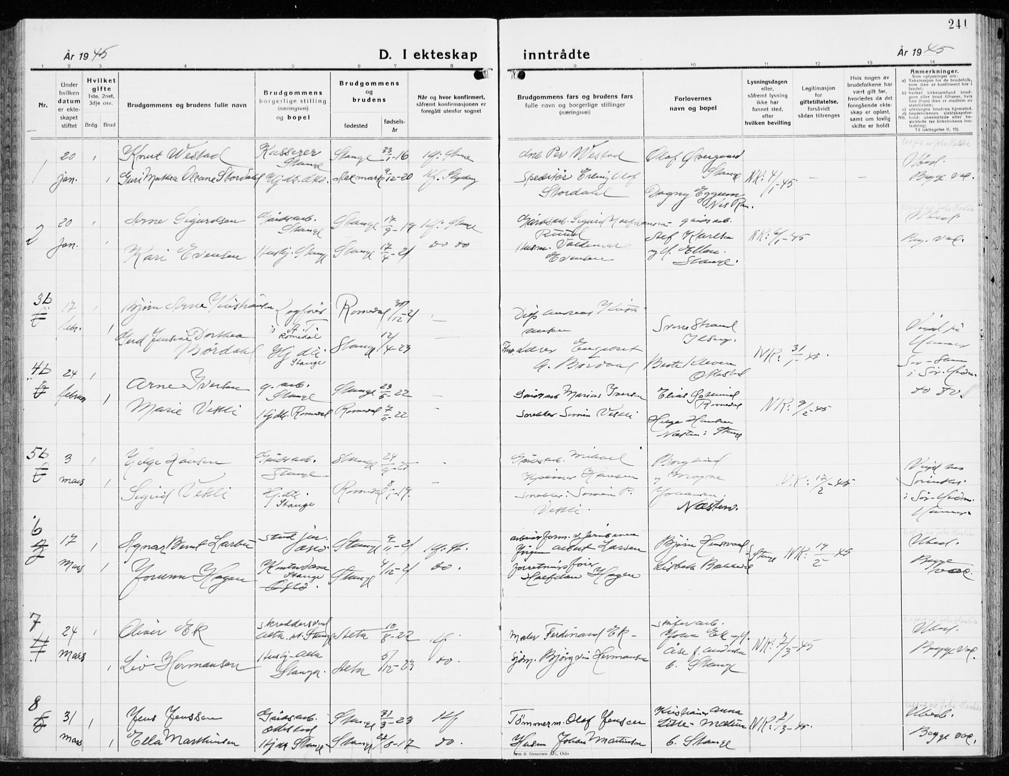 Stange prestekontor, AV/SAH-PREST-002/K/L0027: Parish register (official) no. 27, 1937-1947, p. 241