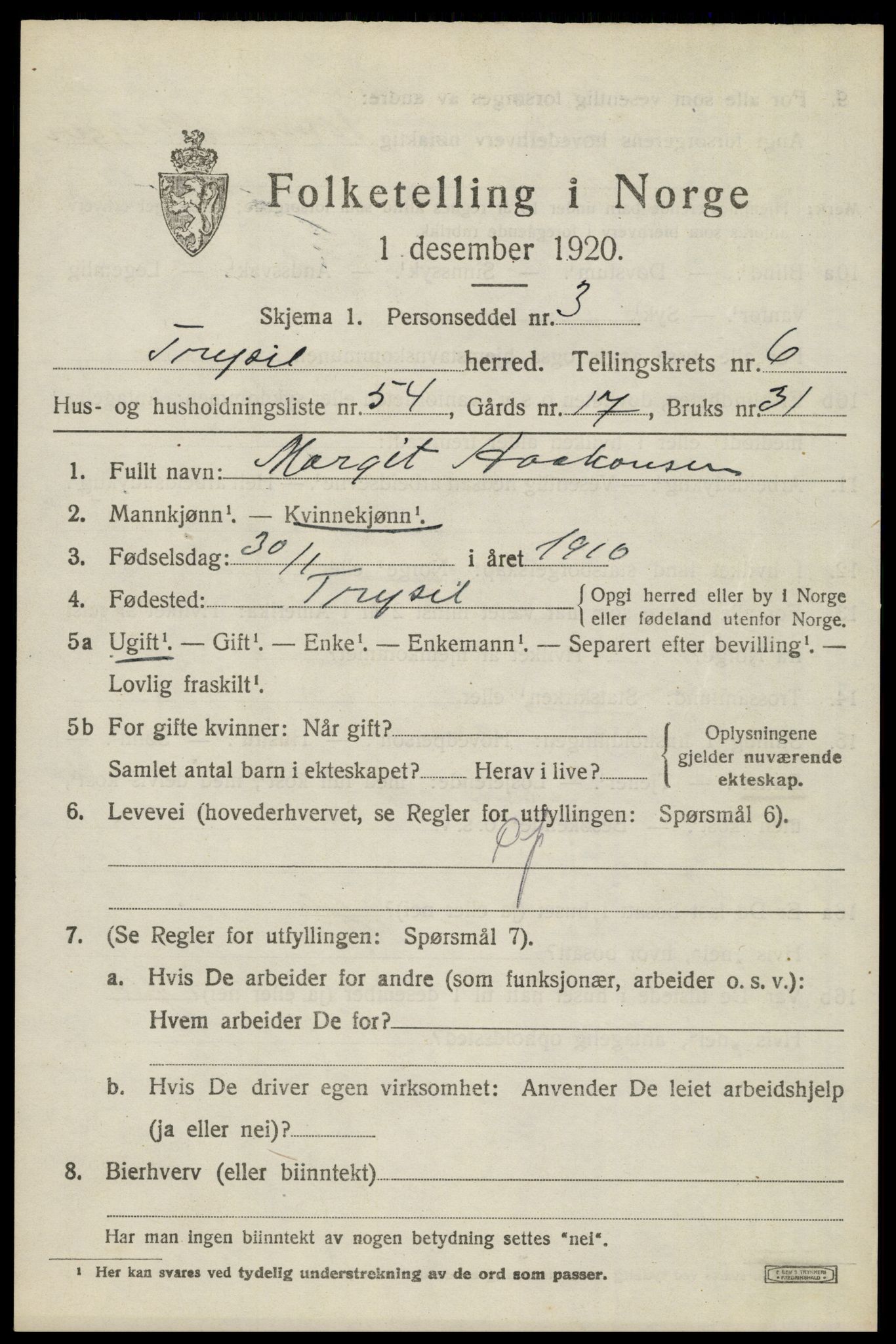 SAH, 1920 census for Trysil, 1920, p. 5097