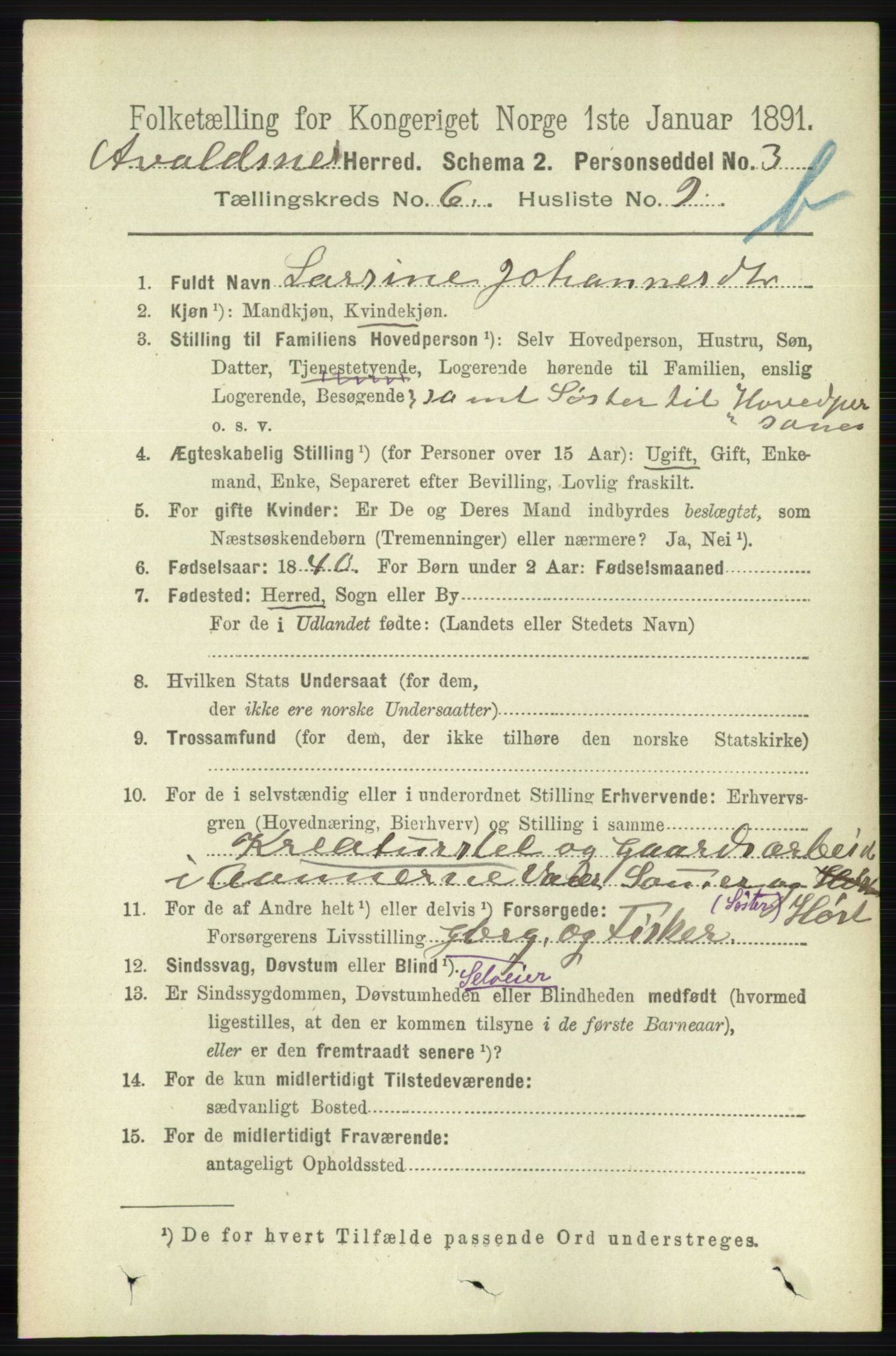 RA, 1891 census for 1147 Avaldsnes, 1891, p. 3283