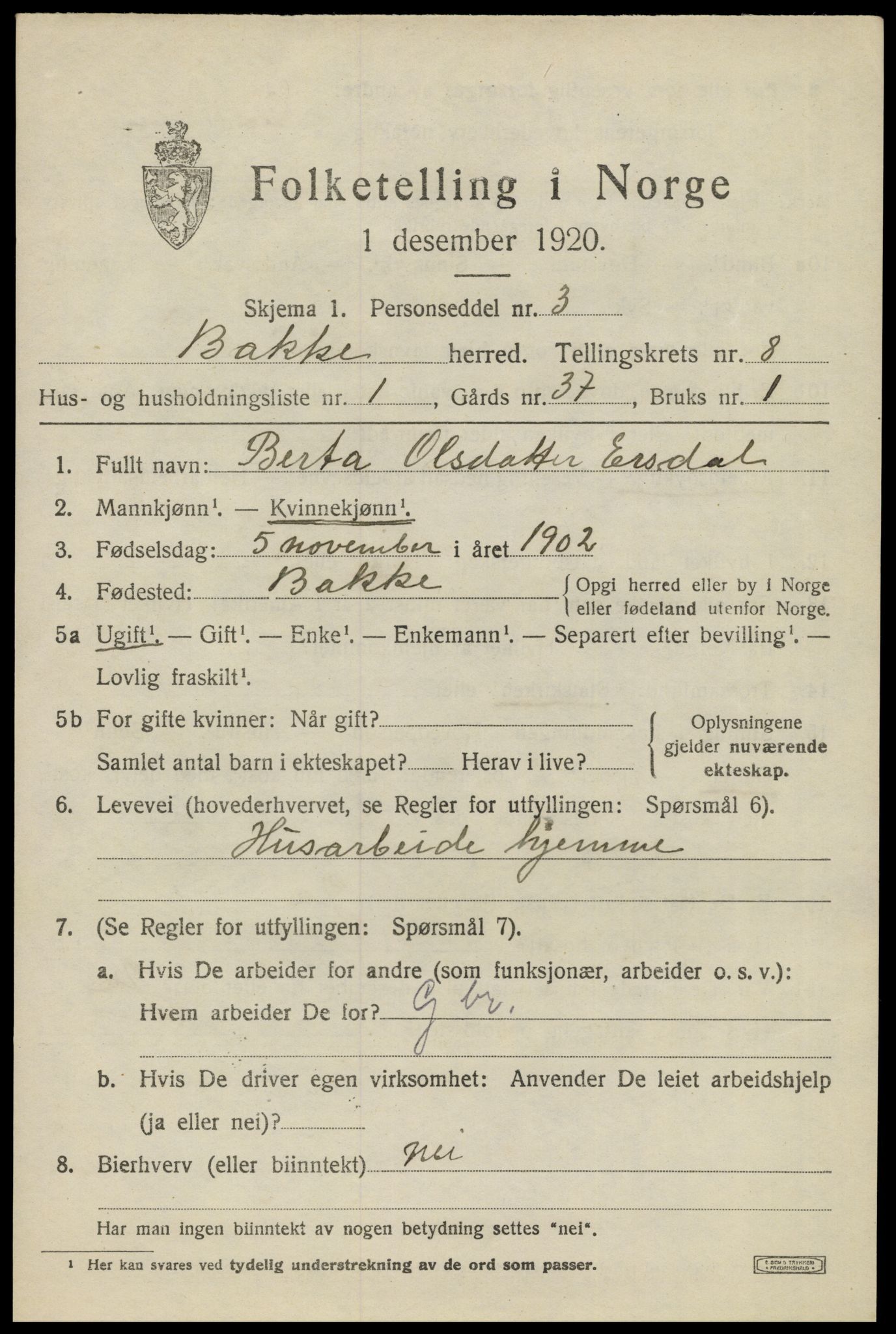 SAK, 1920 census for Bakke, 1920, p. 2380