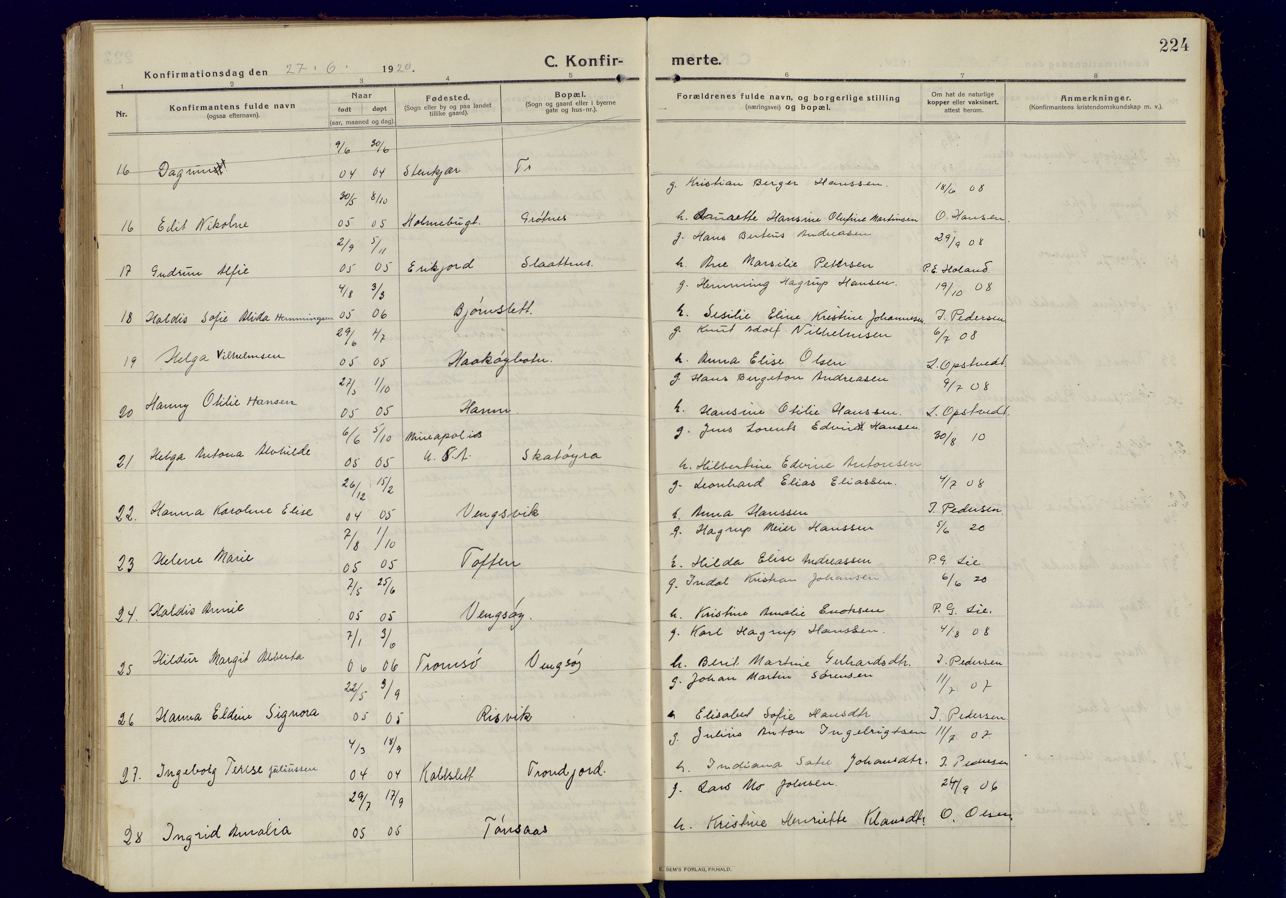 Tromsøysund sokneprestkontor, AV/SATØ-S-1304/G/Ga/L0008kirke: Parish register (official) no. 8, 1914-1922, p. 224