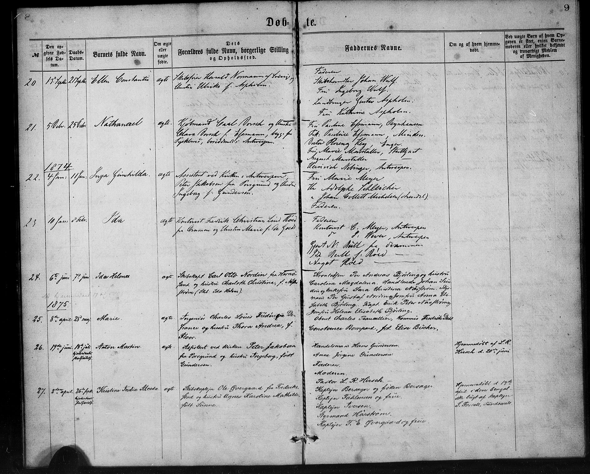 Den norske sjømannsmisjon i utlandet/Antwerpen, SAB/SAB/PA-0105/H/Ha/L0001: Parish register (official) no. A 1, 1865-1887, p. 9