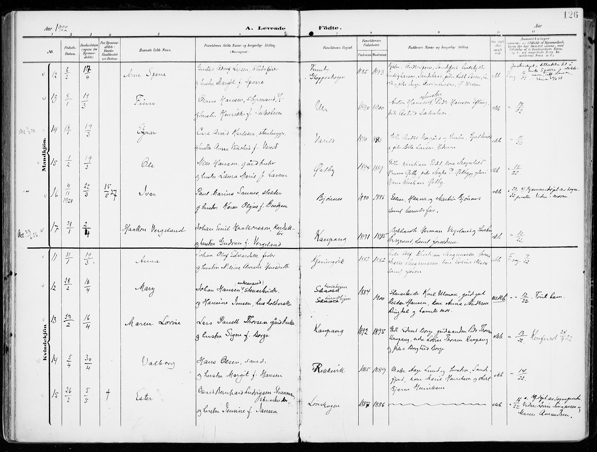 Tjølling kirkebøker, AV/SAKO-A-60/F/Fa/L0010: Parish register (official) no. 10, 1906-1923, p. 126