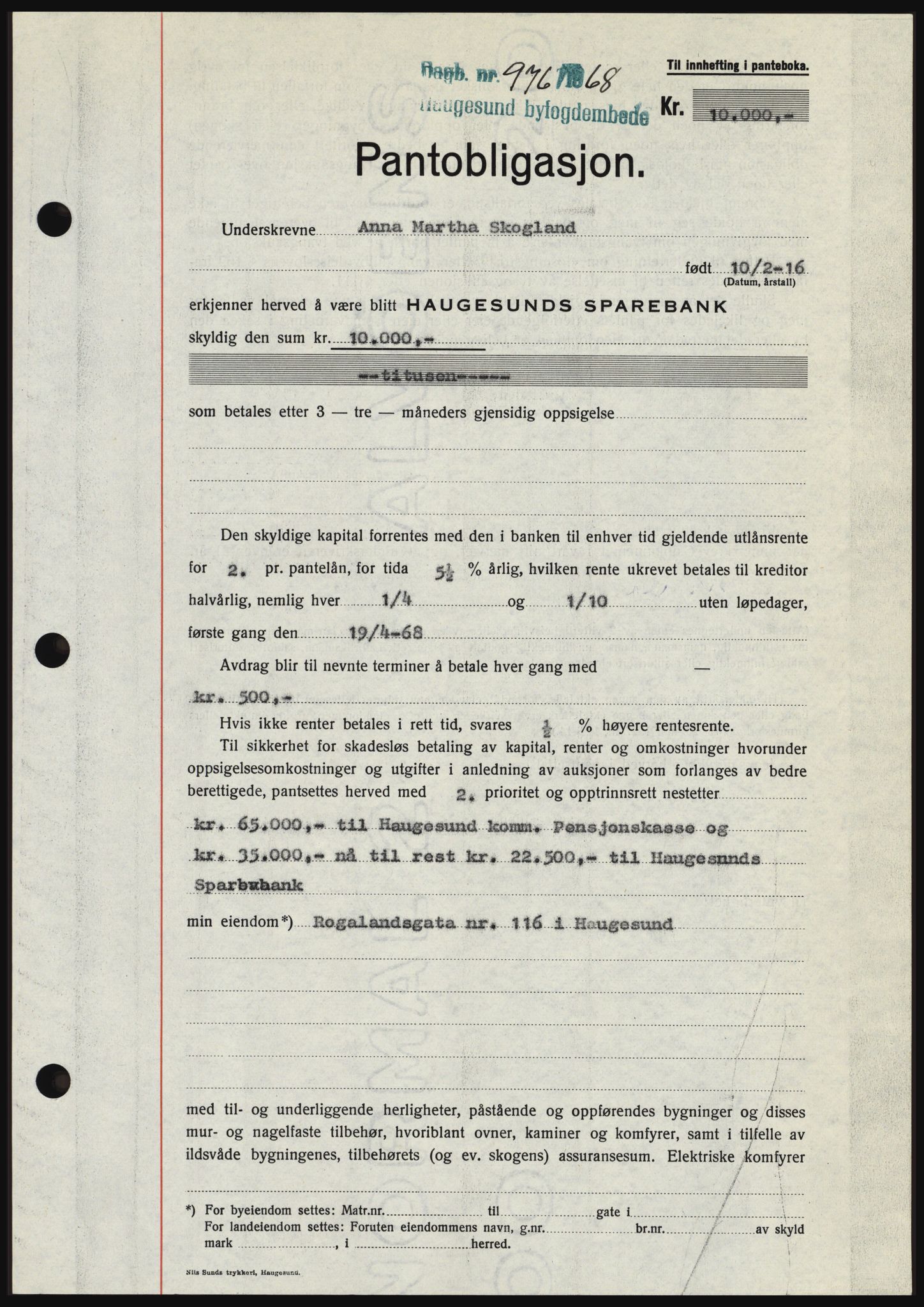 Haugesund tingrett, SAST/A-101415/01/II/IIC/L0058: Mortgage book no. B 58, 1967-1968, Diary no: : 976/1968
