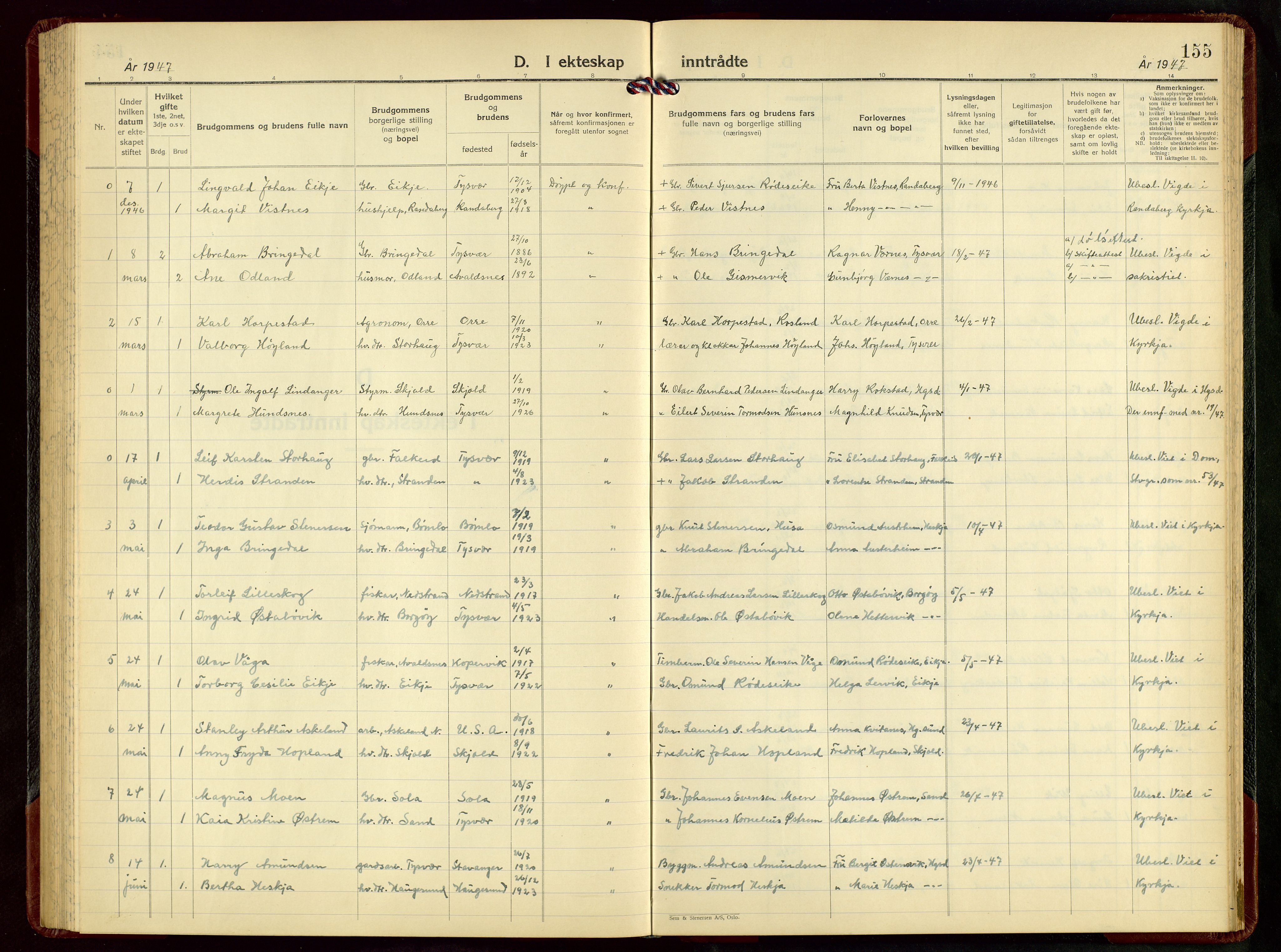 Tysvær sokneprestkontor, AV/SAST-A -101864/H/Ha/Hab/L0008: Parish register (copy) no. B 8, 1947-1957, p. 155