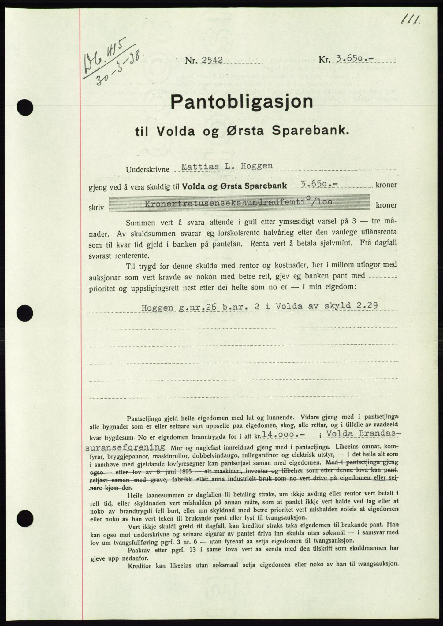 Søre Sunnmøre sorenskriveri, AV/SAT-A-4122/1/2/2C/L0065: Mortgage book no. 59, 1938-1938, Diary no: : 415/1938