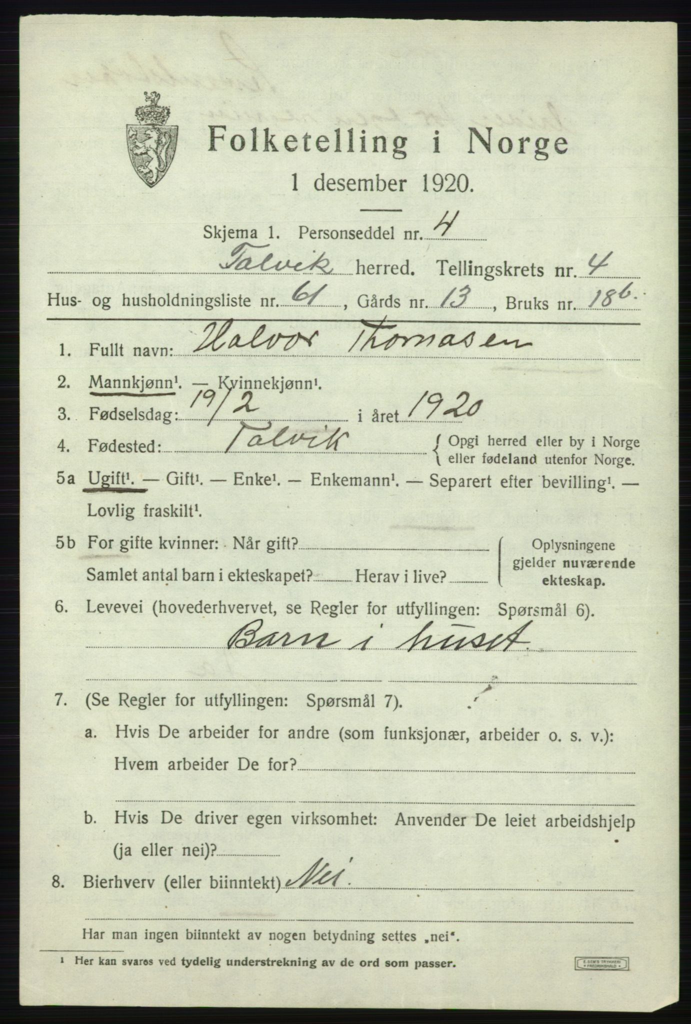 SATØ, 1920 census for Talvik, 1920, p. 3286