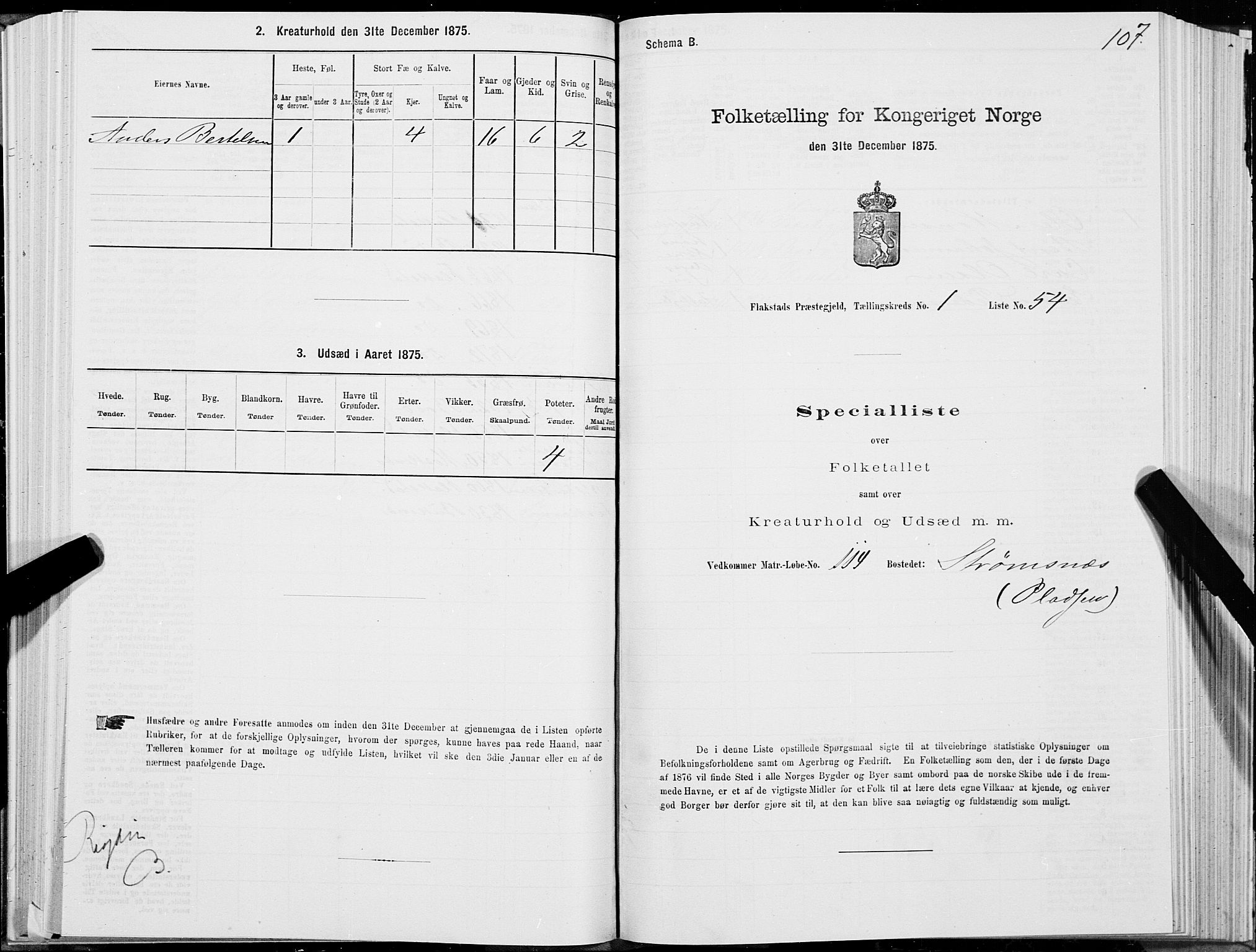 SAT, 1875 census for 1859P Flakstad, 1875, p. 1107