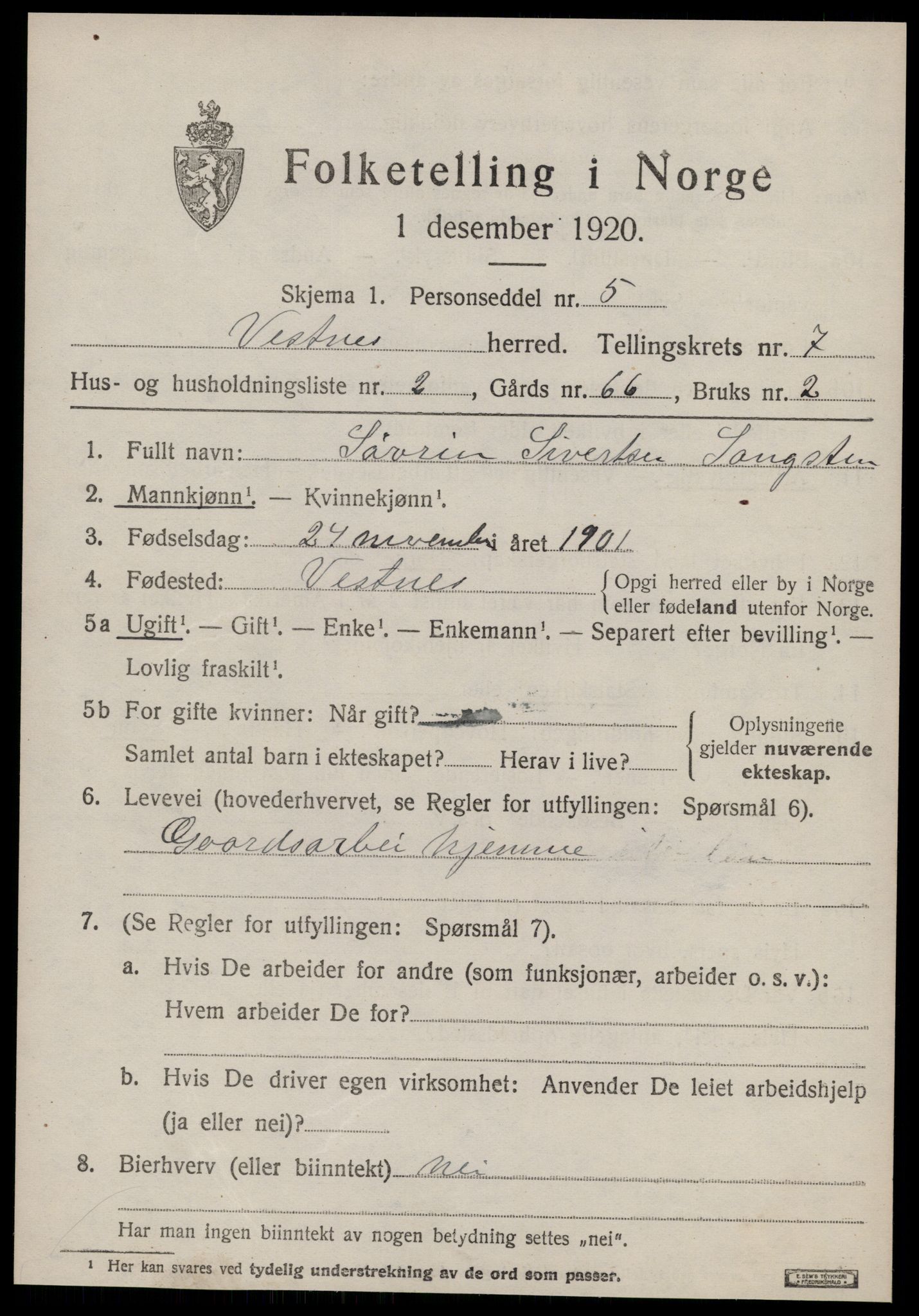 SAT, 1920 census for Vestnes, 1920, p. 5119