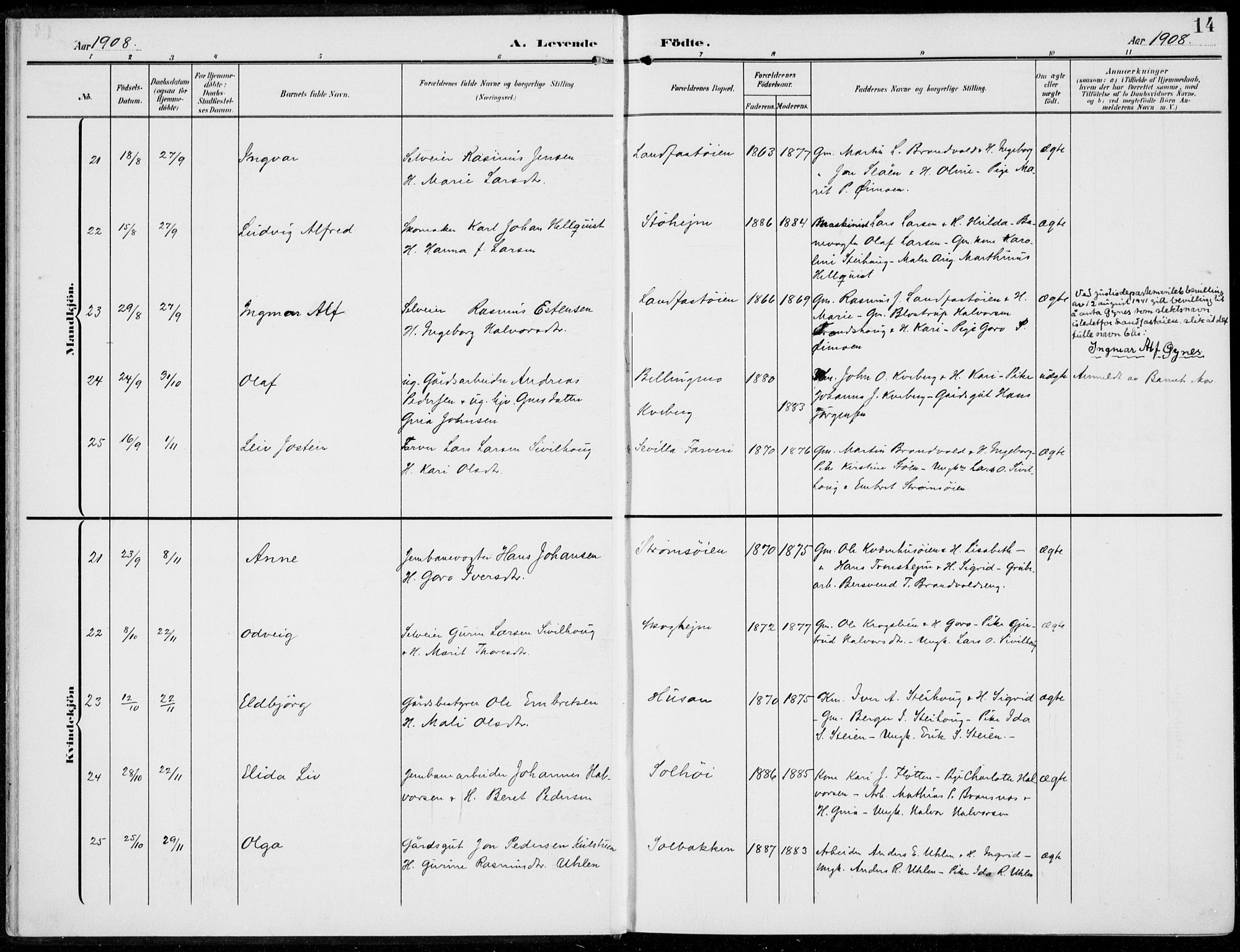 Alvdal prestekontor, AV/SAH-PREST-060/H/Ha/Haa/L0004: Parish register (official) no. 4, 1907-1919, p. 14