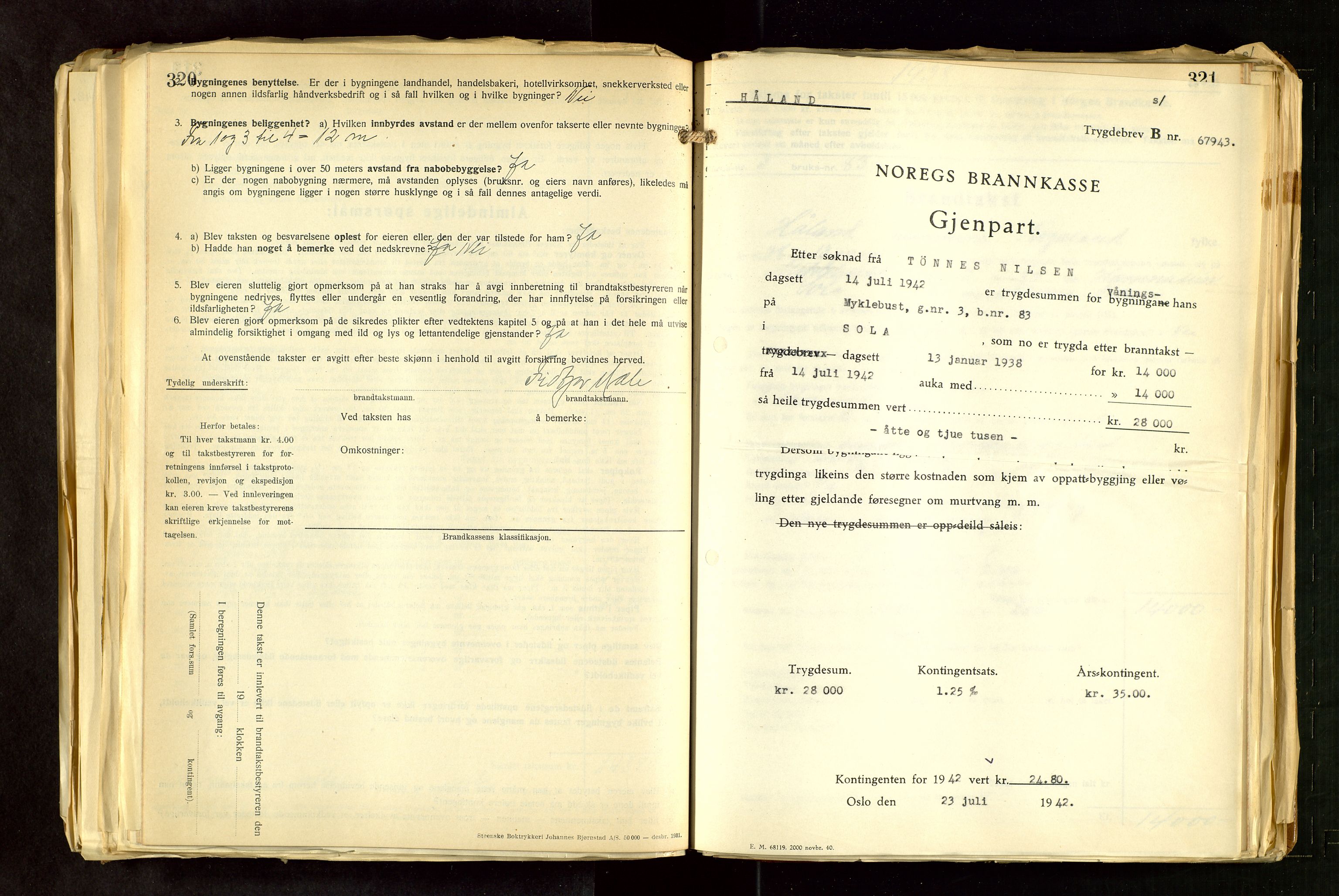 Håland lensmannskontor, AV/SAST-A-100100/Gob/L0011: "Brandtakstprotokoll" - skjematakst. Register i boken., 1936-1938, p. 320-321