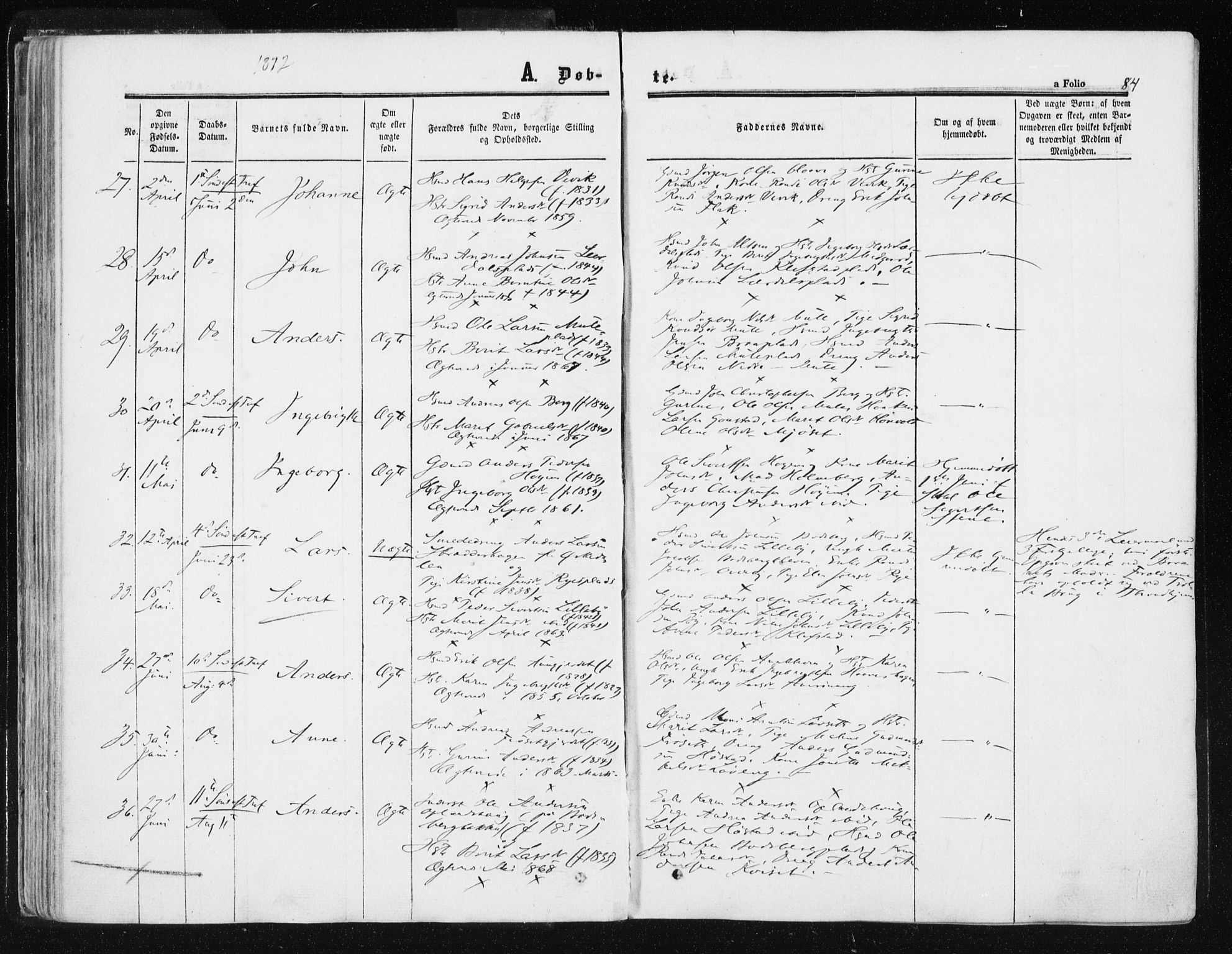 Ministerialprotokoller, klokkerbøker og fødselsregistre - Sør-Trøndelag, SAT/A-1456/612/L0377: Parish register (official) no. 612A09, 1859-1877, p. 84