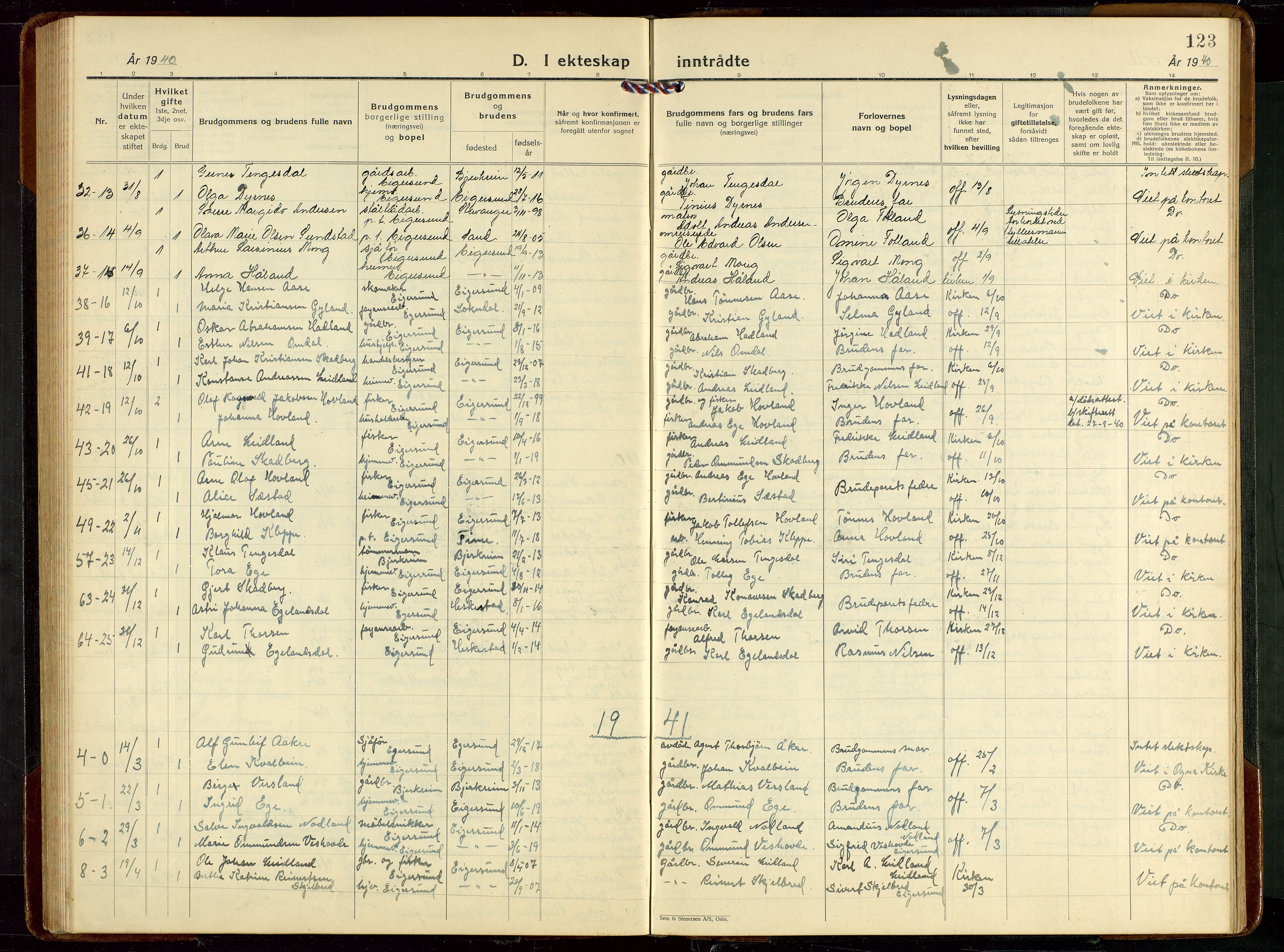 Eigersund sokneprestkontor, SAST/A-101807/S09/L0013: Parish register (copy) no. B 13, 1931-1949, p. 123