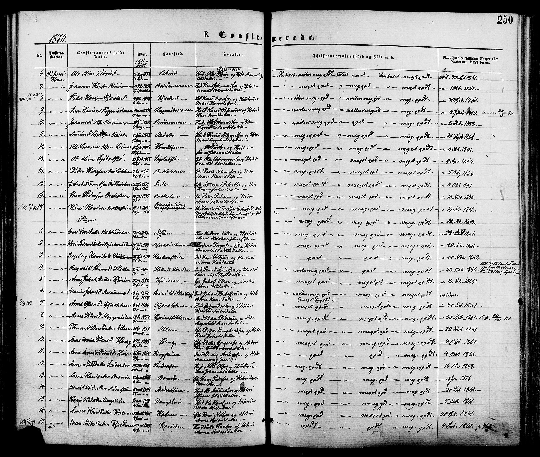 Nord-Fron prestekontor, AV/SAH-PREST-080/H/Ha/Haa/L0002: Parish register (official) no. 2, 1865-1883, p. 250