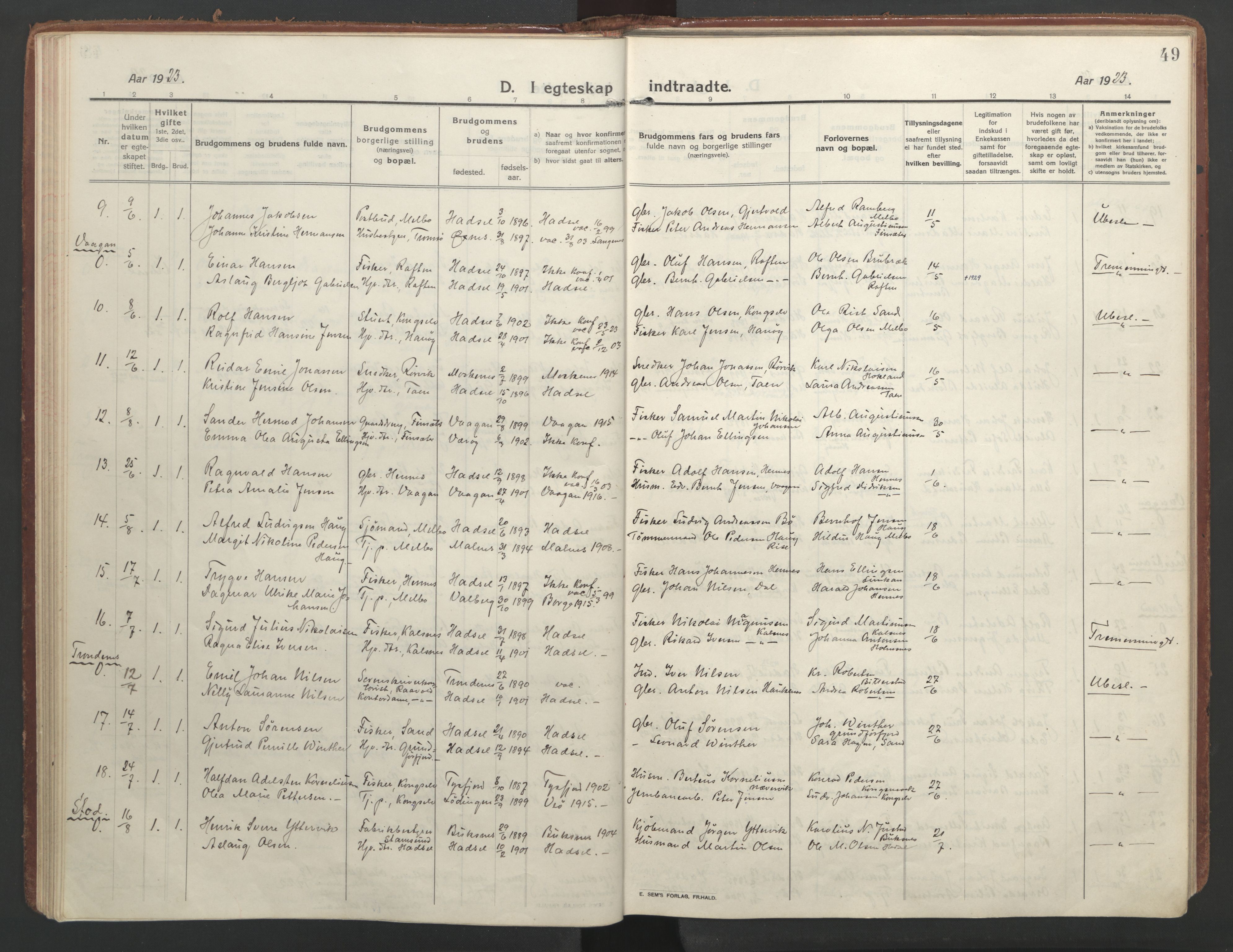 Ministerialprotokoller, klokkerbøker og fødselsregistre - Nordland, SAT/A-1459/888/L1251: Parish register (official) no. 888A17, 1913-1925, p. 49