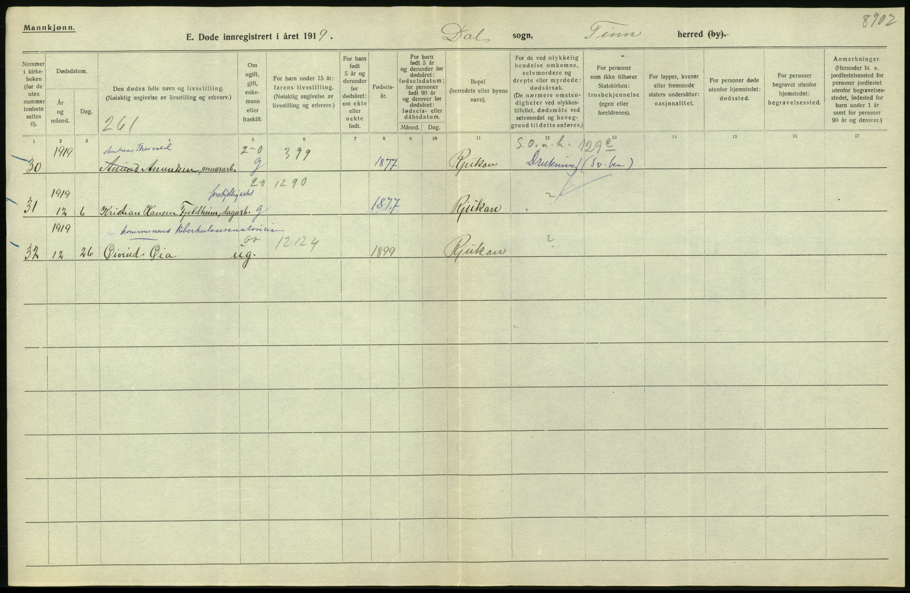 Statistisk sentralbyrå, Sosiodemografiske emner, Befolkning, RA/S-2228/D/Df/Dfb/Dfbi/L0023: Telemark fylke: Døde. Bygder og byer., 1919, p. 128