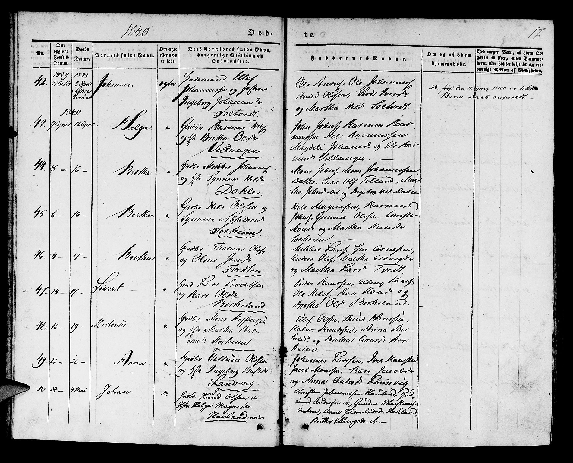 Manger sokneprestembete, AV/SAB-A-76801/H/Haa: Parish register (official) no. A 5, 1839-1848, p. 17