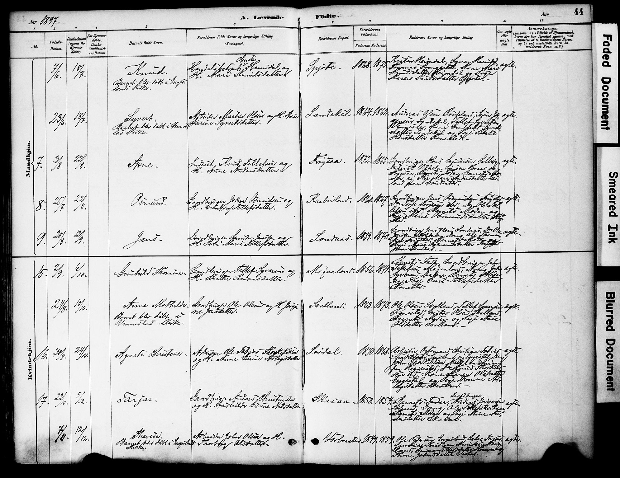 Evje sokneprestkontor, AV/SAK-1111-0008/F/Fa/Fac/L0003: Parish register (official) no. A 3, 1884-1909, p. 44