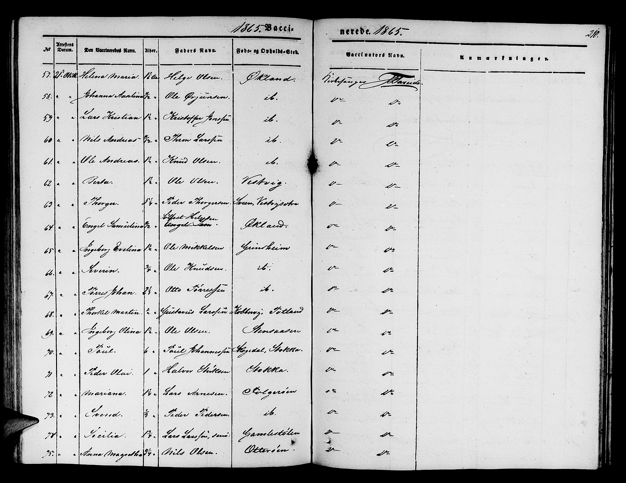 Finnås sokneprestembete, SAB/A-99925/H/Ha/Hab/Haba/L0001: Parish register (copy) no. A 1, 1851-1873, p. 210