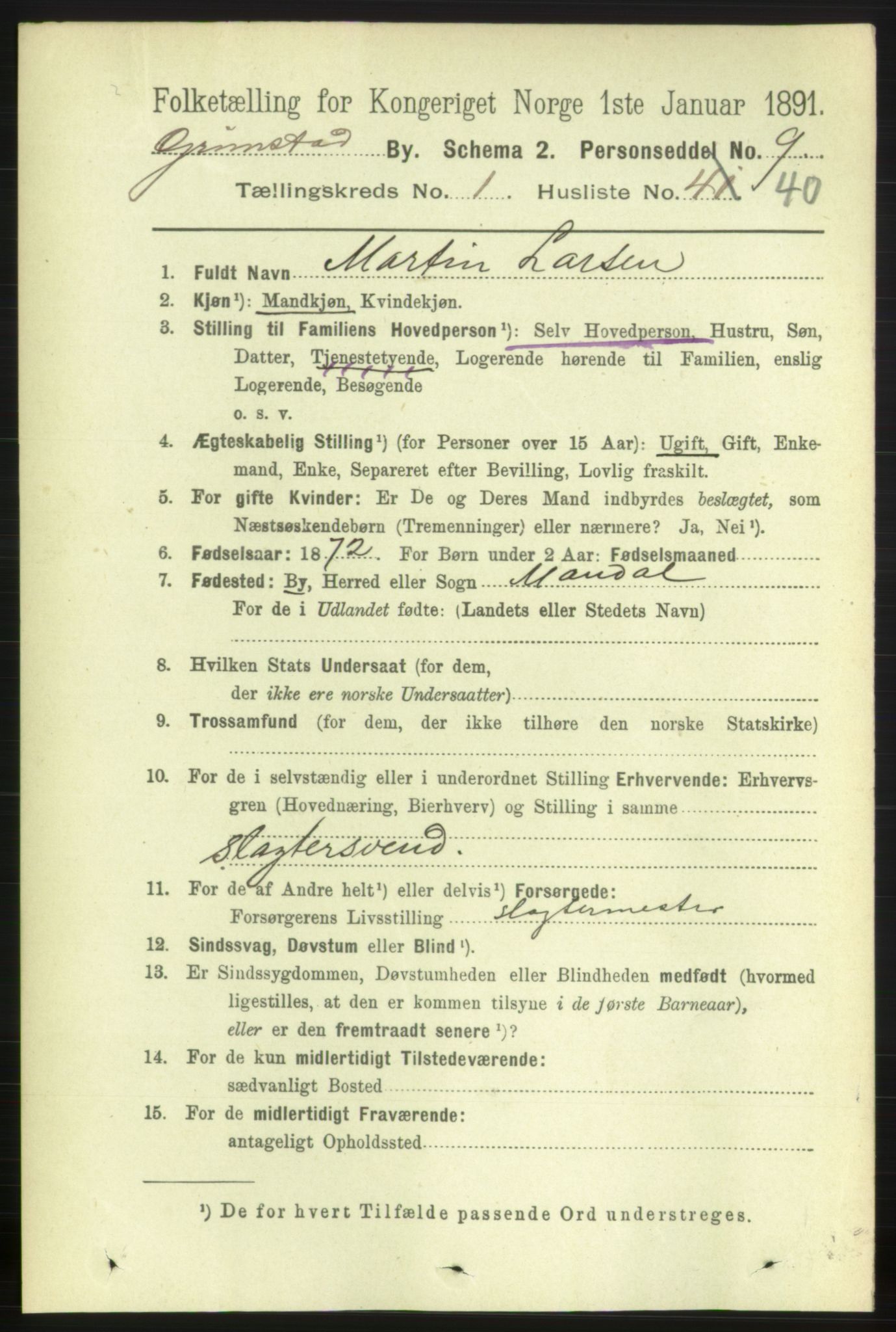 RA, 1891 census for 0904 Grimstad, 1891, p. 1255