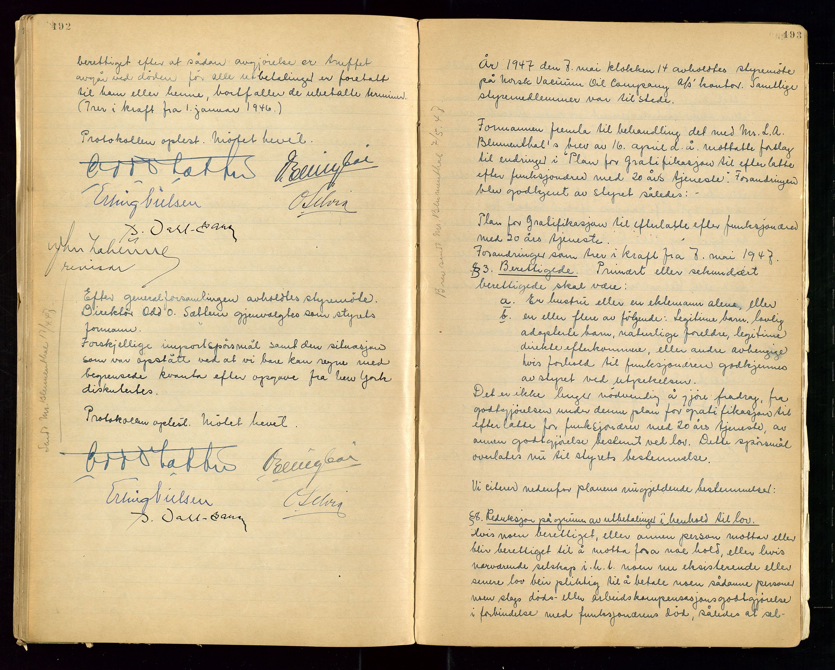 PA 1513 - Norsk Vacuum Oil Company A/S, SAST/A-101918/A/L0001: "Generalforsamlings og styreprotokoll" fra 27/4-1918 til 6/4-1949, 1918-1949, p. 192-193