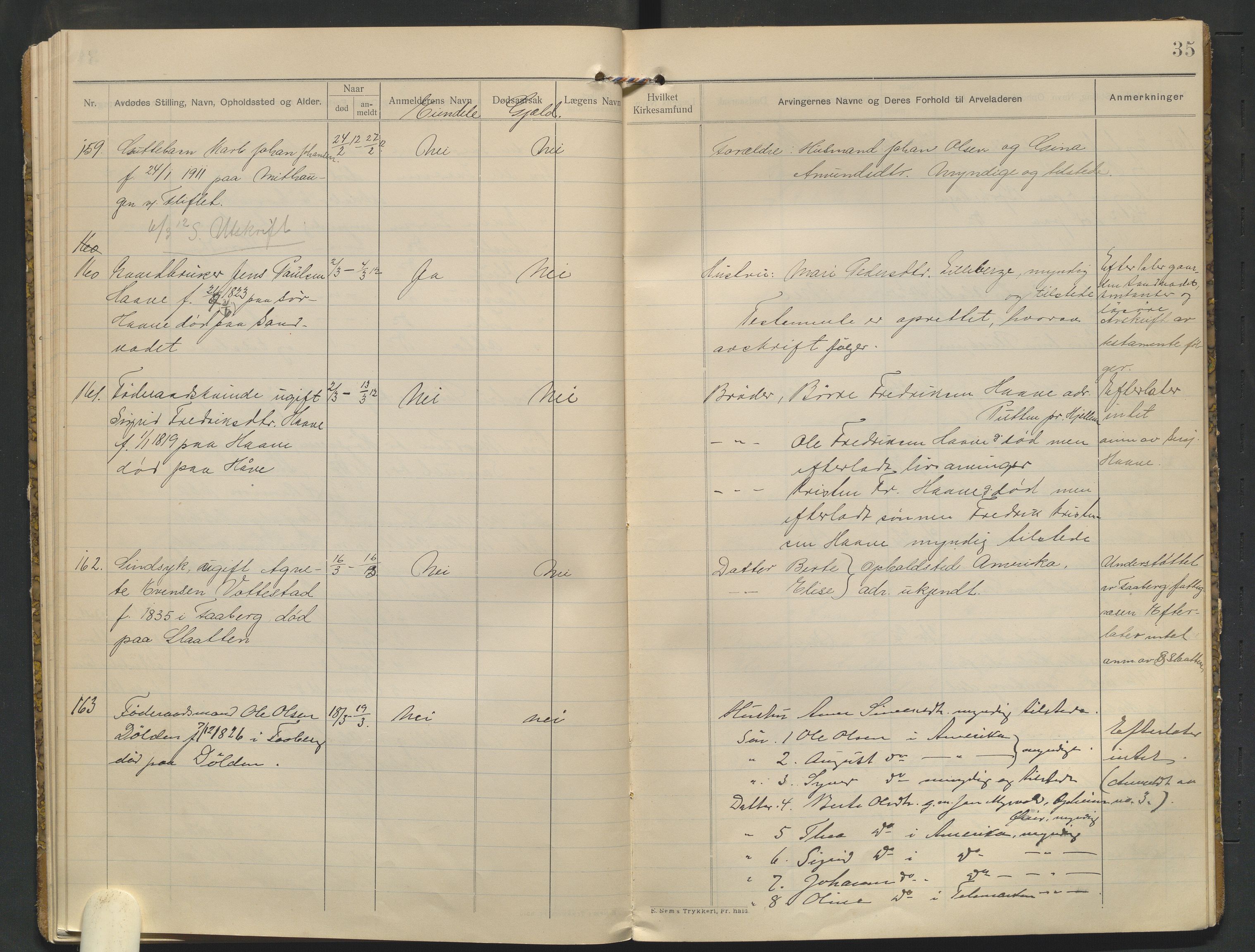 Fåberg lensmannskontor, AV/SAH-PGF-016/H/Ha/L0001/0001: Dødsfallsprotokoller / Dødsfallsprotokoll, 1909-1913, p. 35