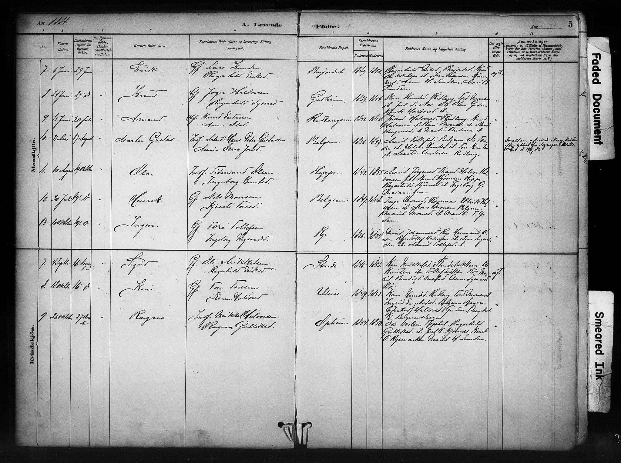 Nord-Aurdal prestekontor, SAH/PREST-132/H/Ha/Haa/L0011: Parish register (official) no. 11, 1883-1896, p. 5