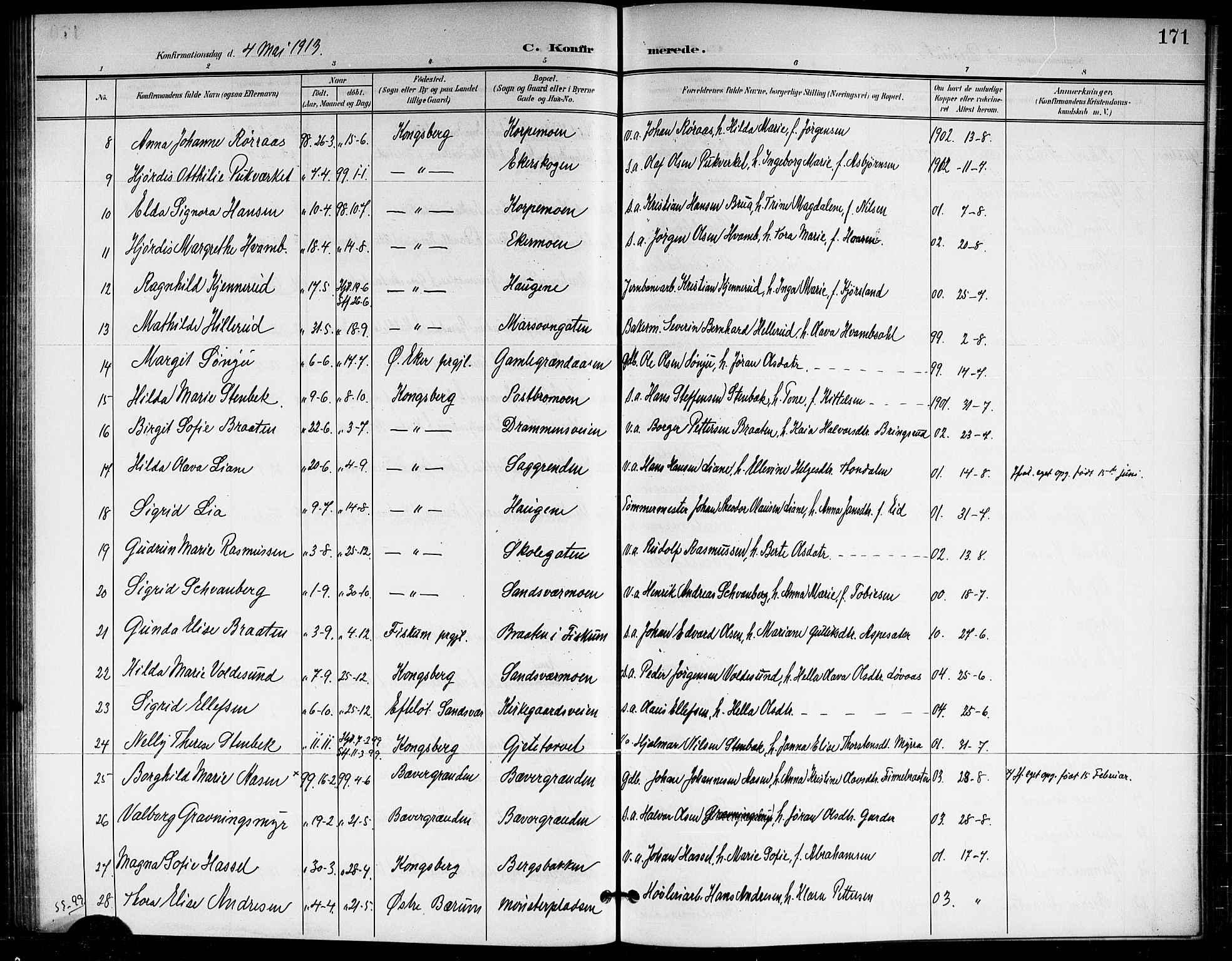 Kongsberg kirkebøker, AV/SAKO-A-22/G/Ga/L0007: Parish register (copy) no. 7, 1901-1915, p. 171