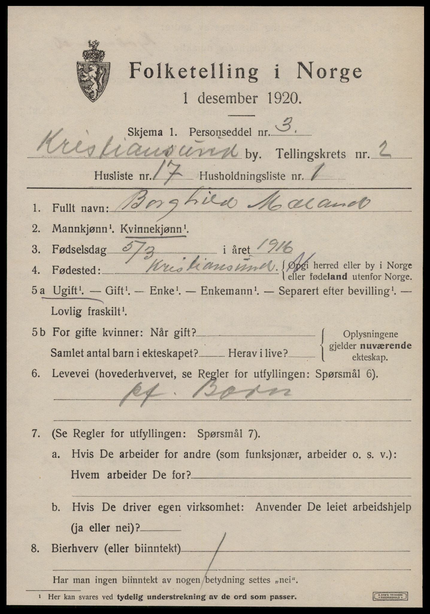 SAT, 1920 census for Kristiansund, 1920, p. 12057