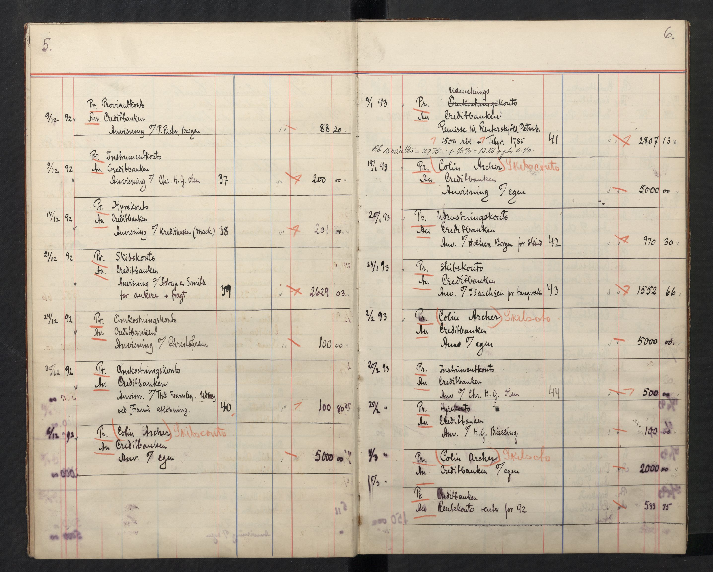 Arbeidskomitéen for Fridtjof Nansens polarekspedisjon, AV/RA-PA-0061/R/L0005/0003: Regnskapsbøker / Memorialbok, 1891-1897, p. 5-6