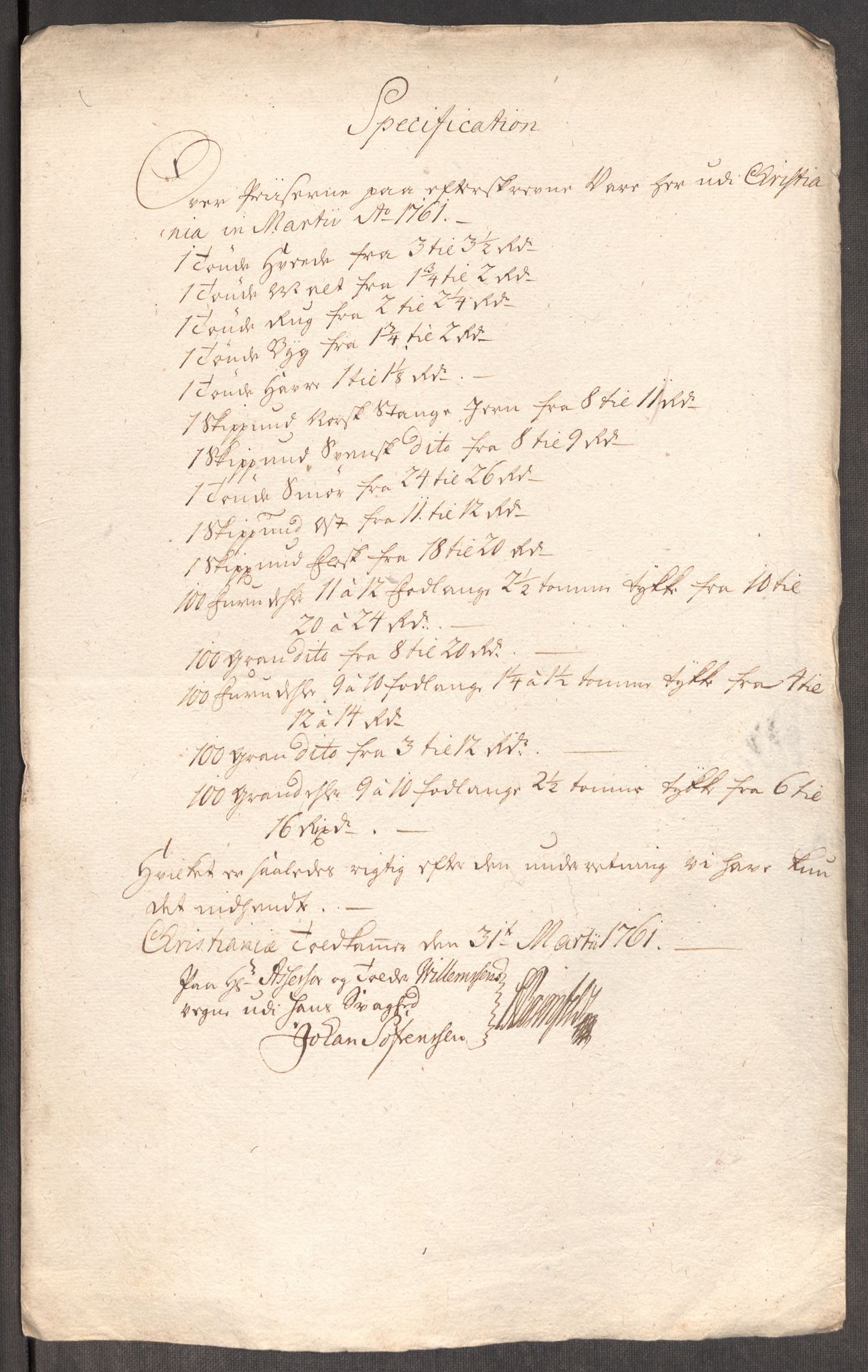 Rentekammeret inntil 1814, Realistisk ordnet avdeling, AV/RA-EA-4070/Oe/L0007: [Ø1]: Priskuranter, 1761-1763, p. 102