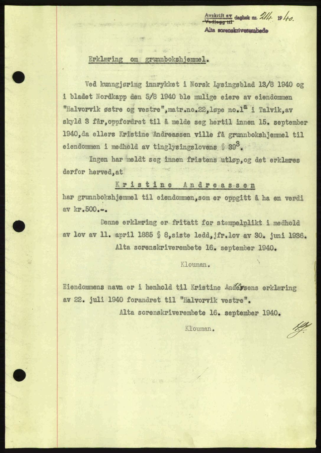 Alta fogderi/sorenskriveri, SATØ/SATØ-5/1/K/Kd/L0033pantebok: Mortgage book no. 33, 1940-1943, Diary no: : 214/1940