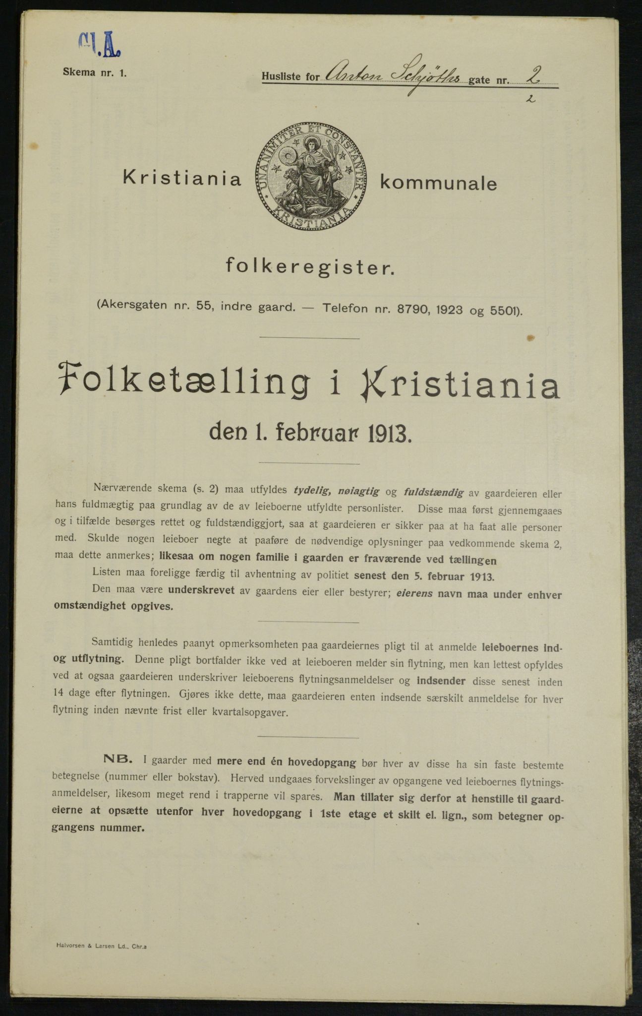 OBA, Municipal Census 1913 for Kristiania, 1913, p. 1255