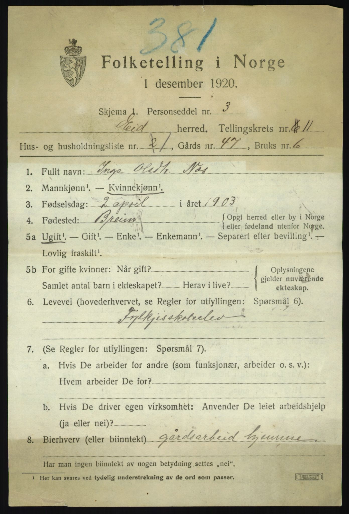 SAB, 1920 census for Eid, 1920, p. 6030