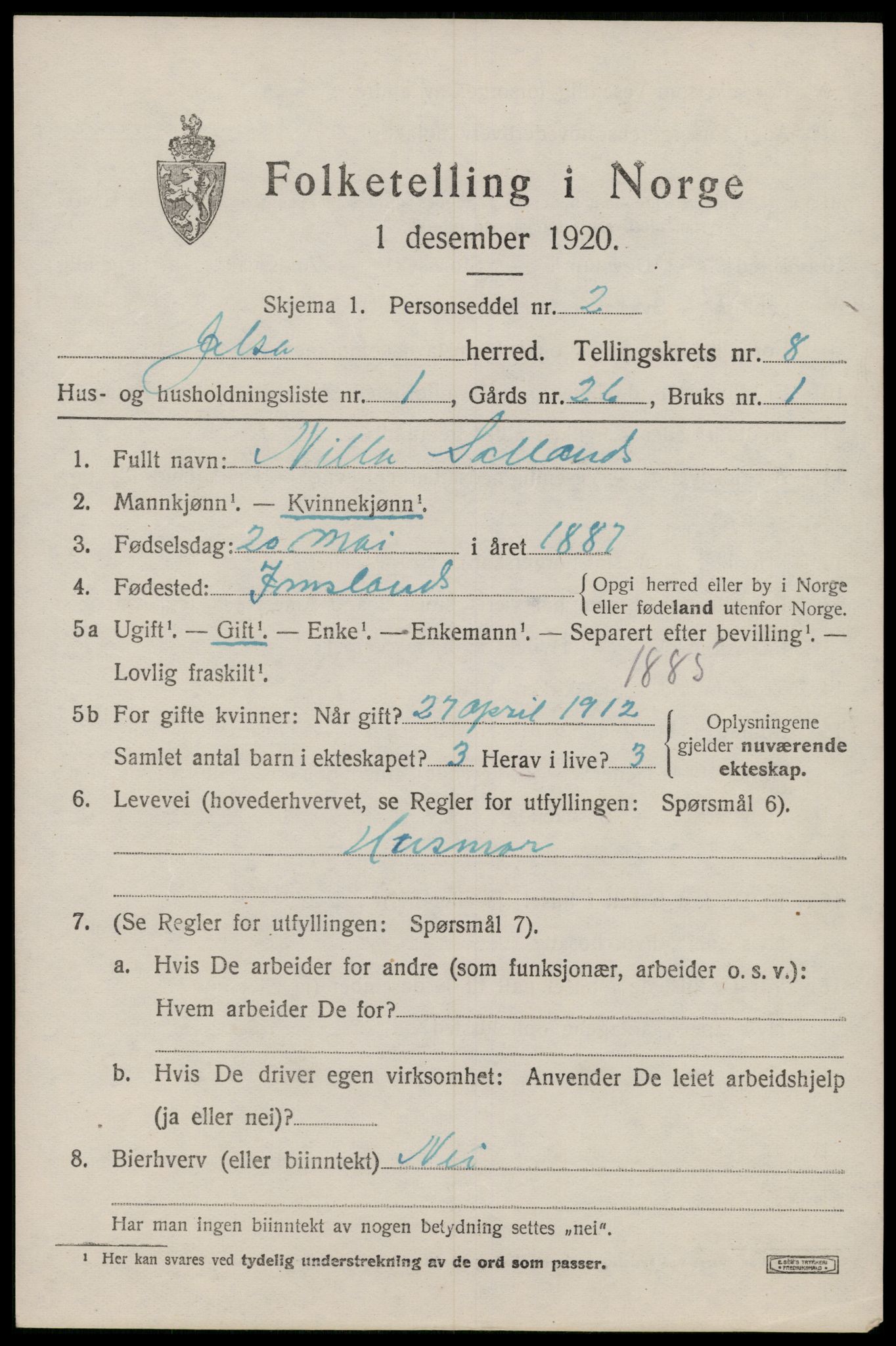 SAST, 1920 census for Jelsa, 1920, p. 2144