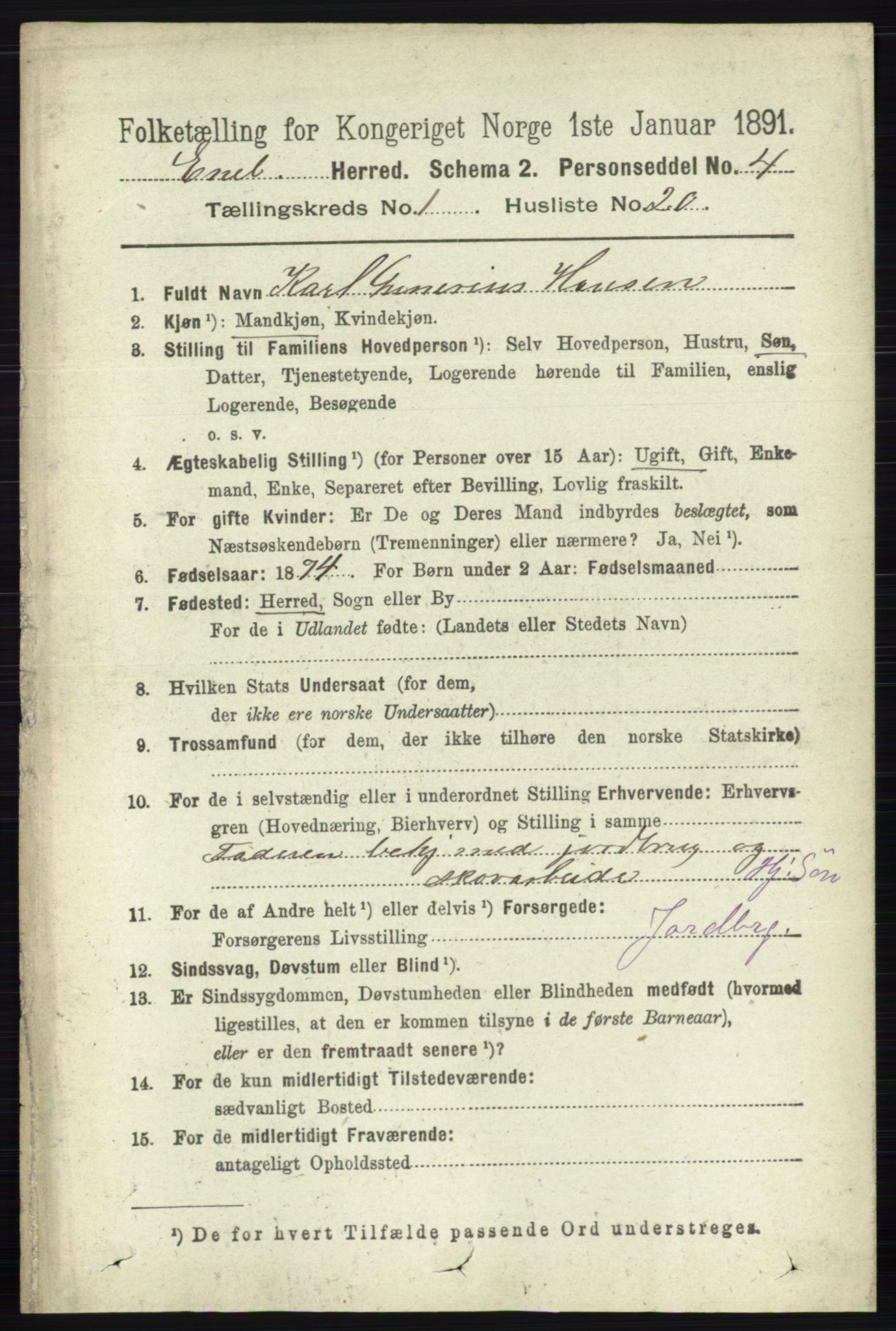 RA, 1891 census for 0229 Enebakk, 1891, p. 225